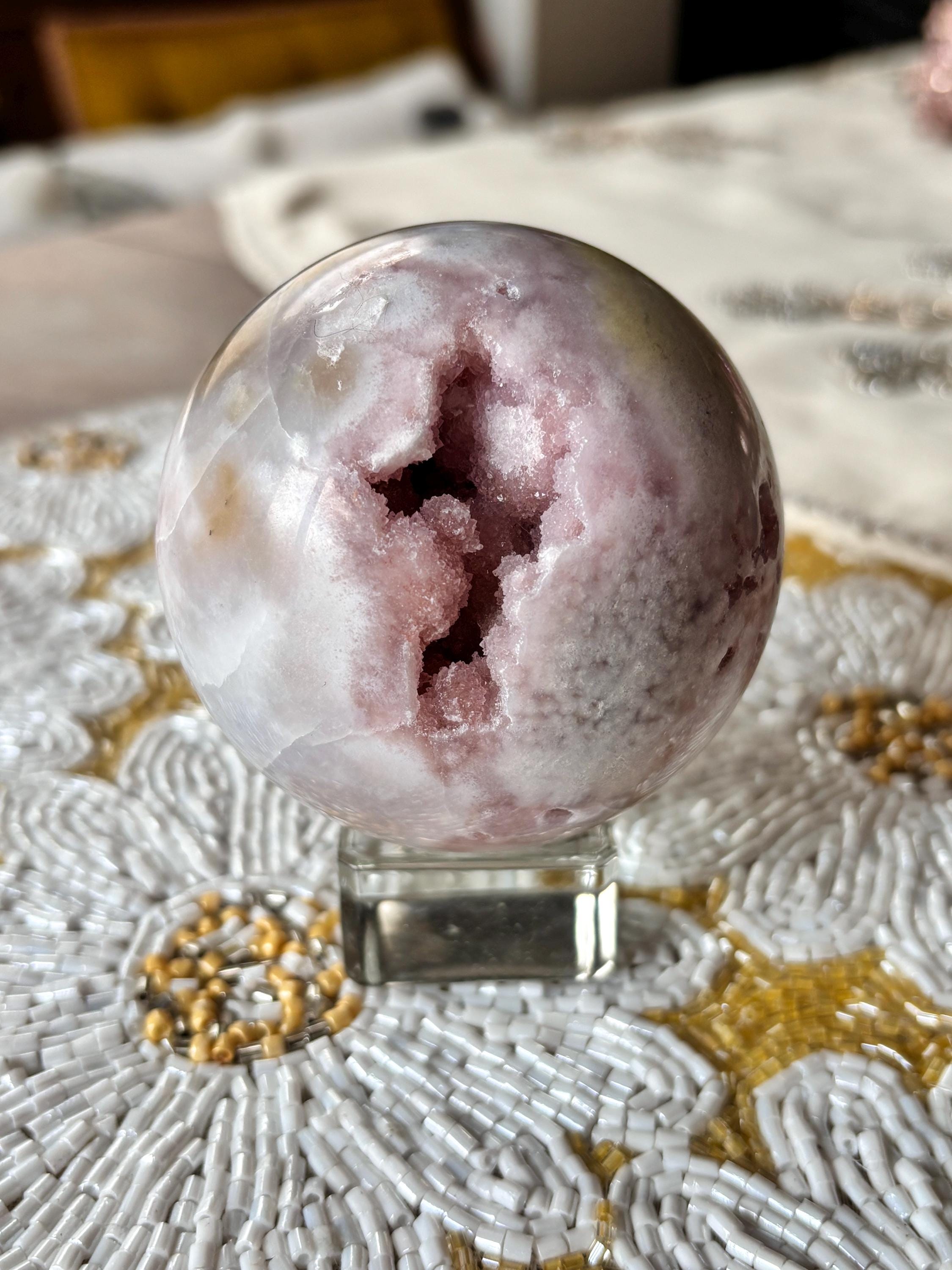 Large Druzy Flower Agate Sphere, Polished Pink Amethyst Flower Agate with Quartz