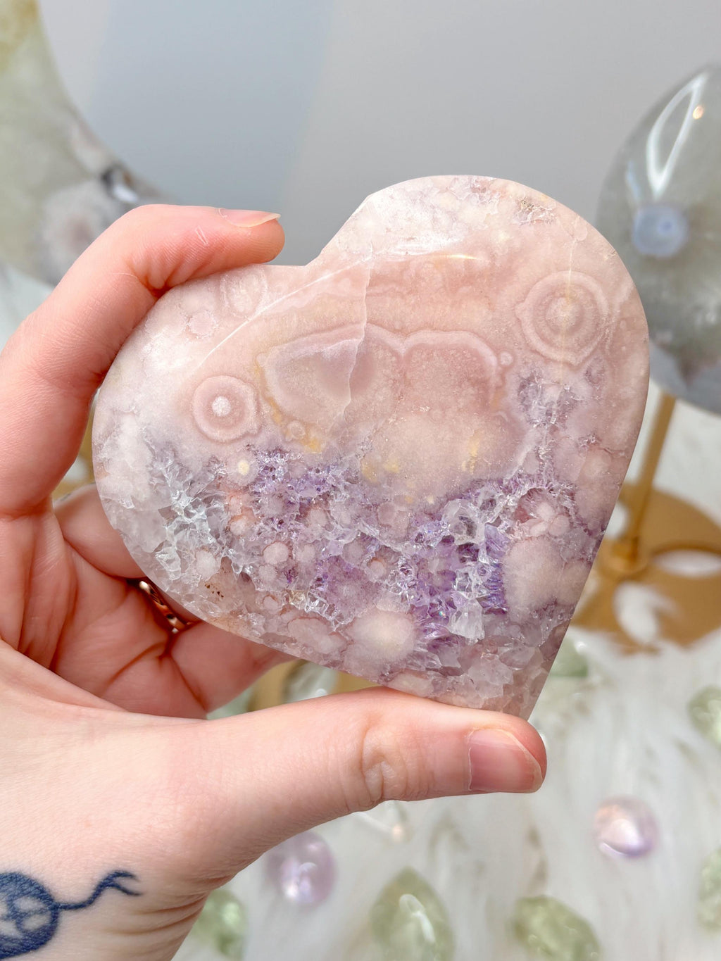 Pink Amethyst Flower Agate Heart on Gold Stand