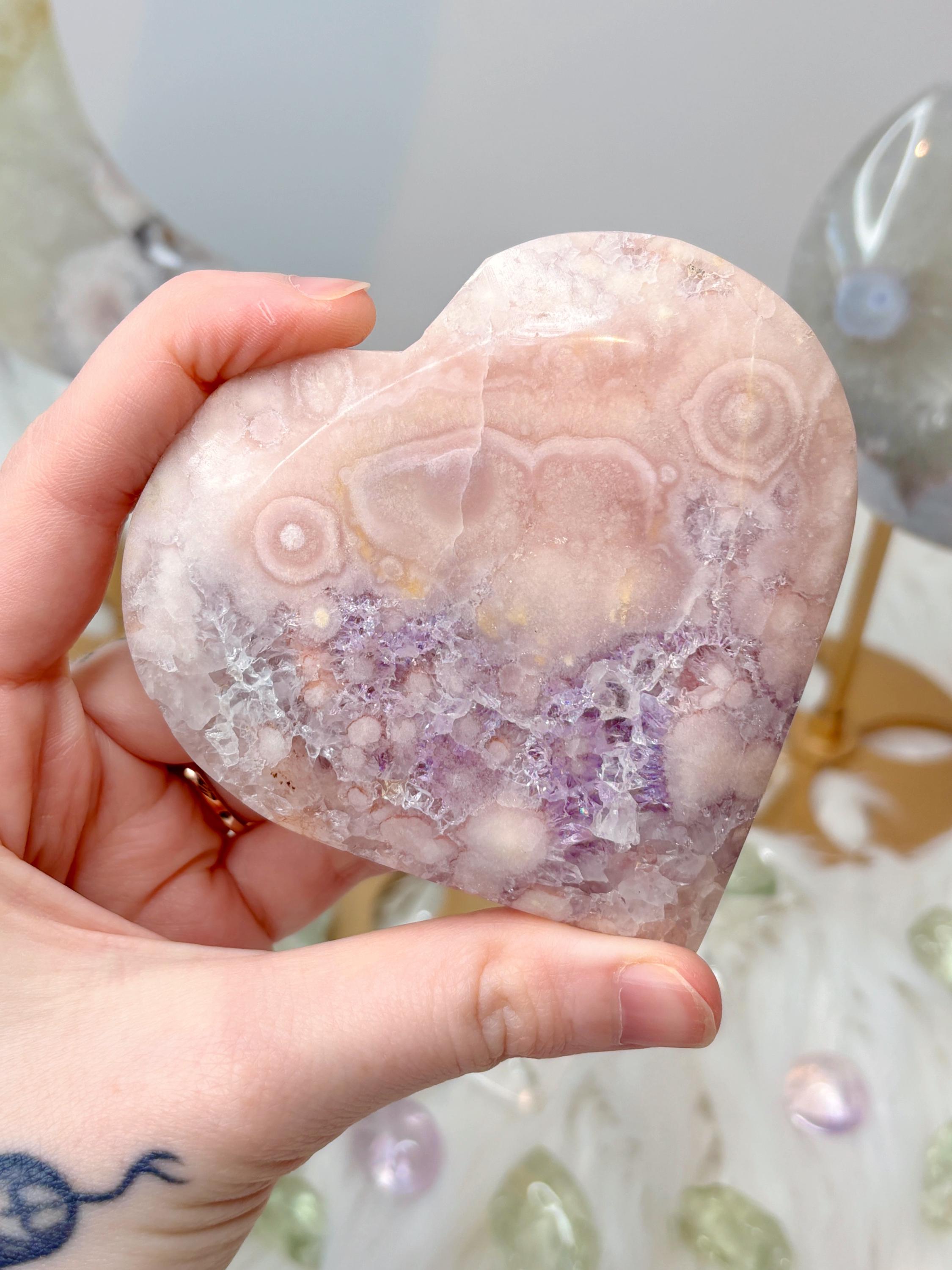 Pink Amethyst Flower Agate Heart on Gold Stand
