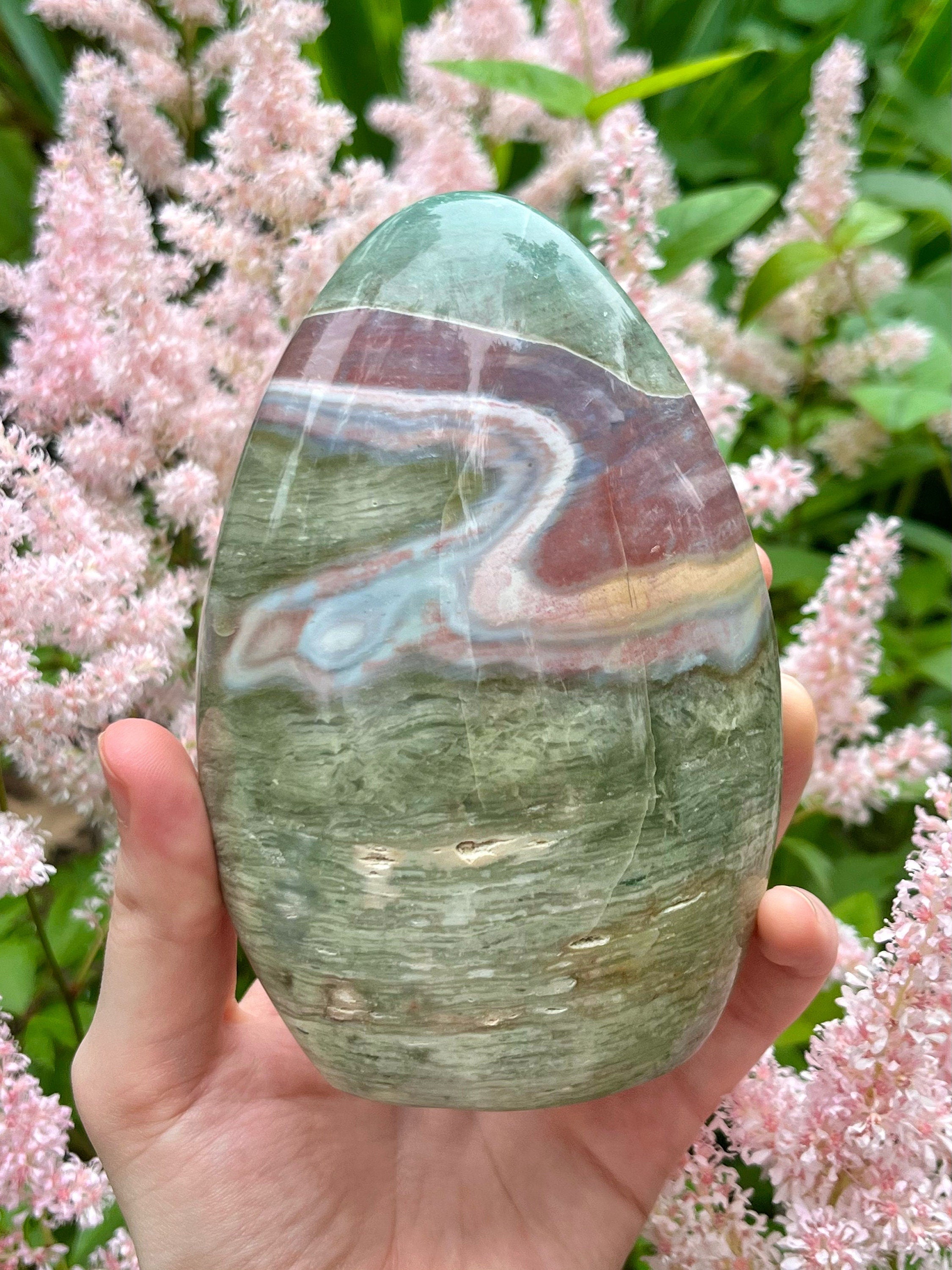 Large Ocean Jasper Freeform, Green Pink Sea Jasper Crystal Cut Base