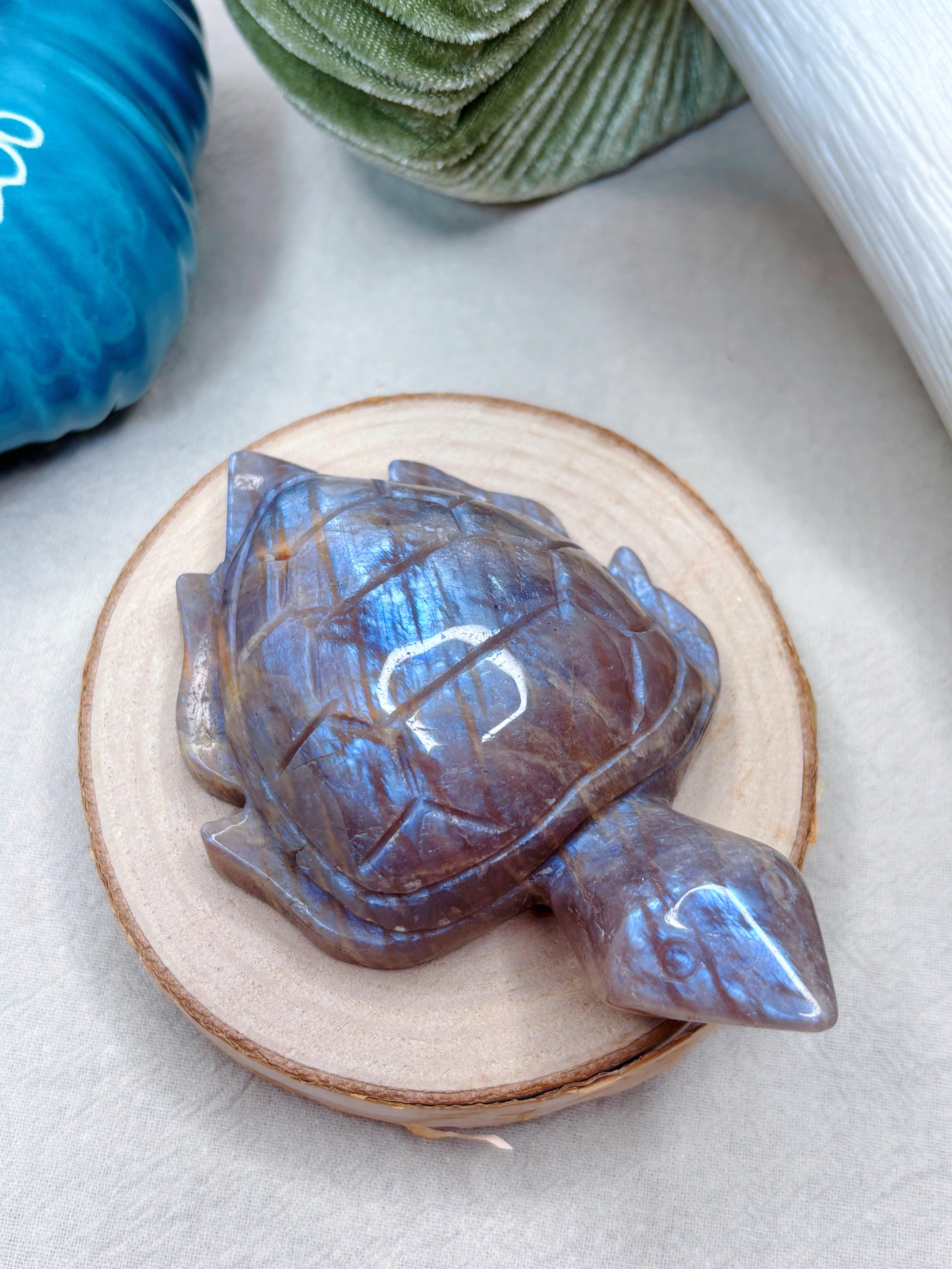 Moonstone Sea Turtle Carving, Natural Blue Flash Moonstone Crystal