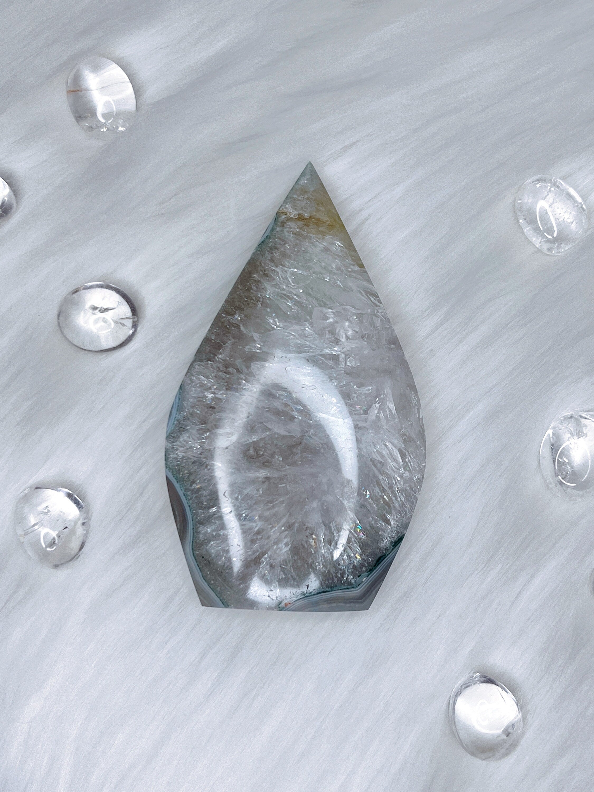 Quartz Agate Freeform, Rainbow Clear Quartz with Blue Green Banded Agate & Golden Healer Quartz Inclusions