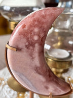 Pink Amethyst Flower Agate Moon Crystal, Crescent Moon Carving on Gold Stand