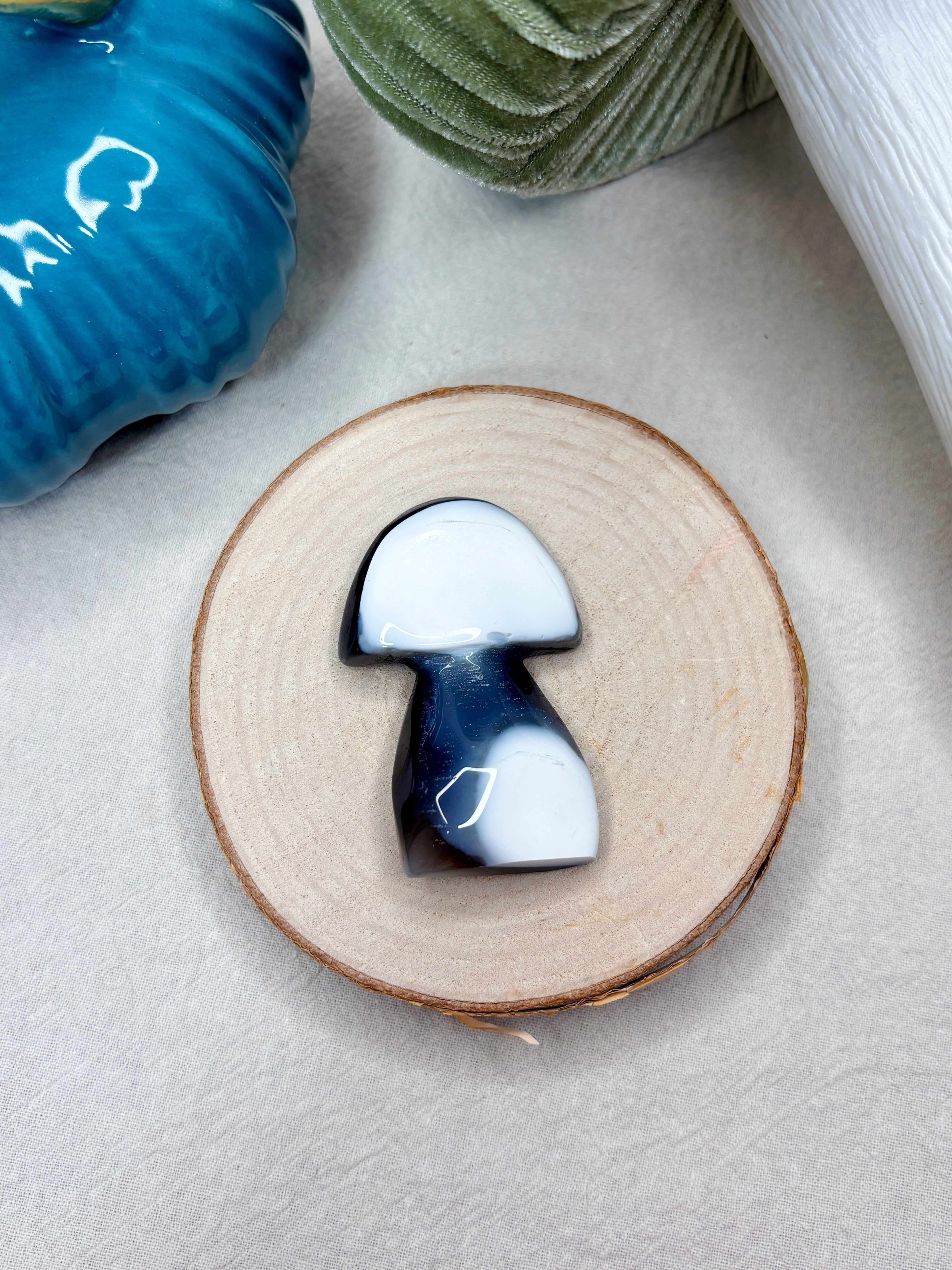 Blue & White Orca Agate Mushroom, Hand-Carved Natural Gemstone Mushroom