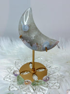 Green Quartz Flower Agate Moon Crescent Moon Crystal Carving on Stand