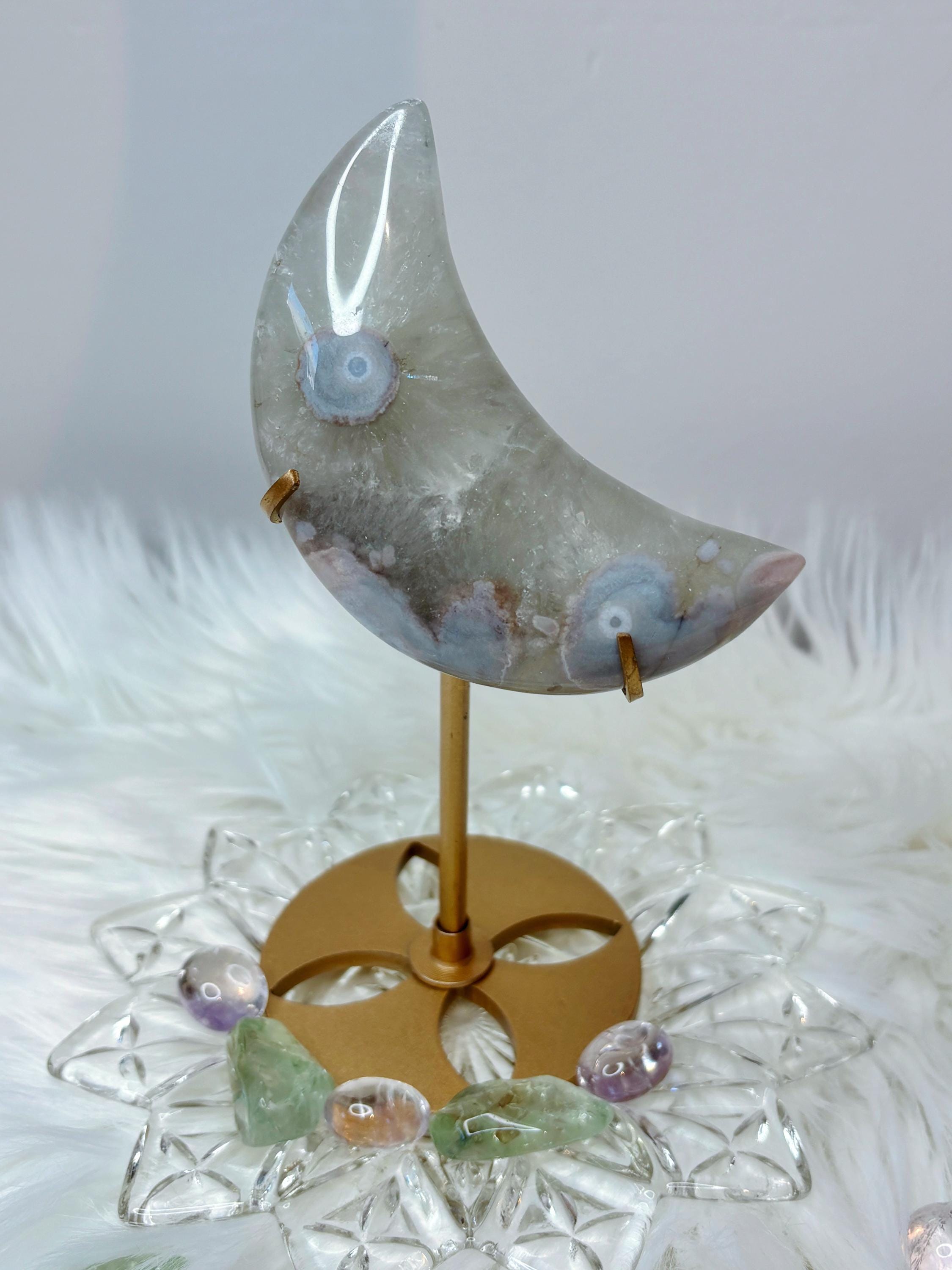 Green Quartz Flower Agate Moon Crescent Moon Crystal Carving on Stand