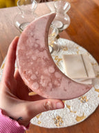 Large Pink Amethyst Flower Agate Moon, Crescent Moon Crystal Carving with Gold Stand