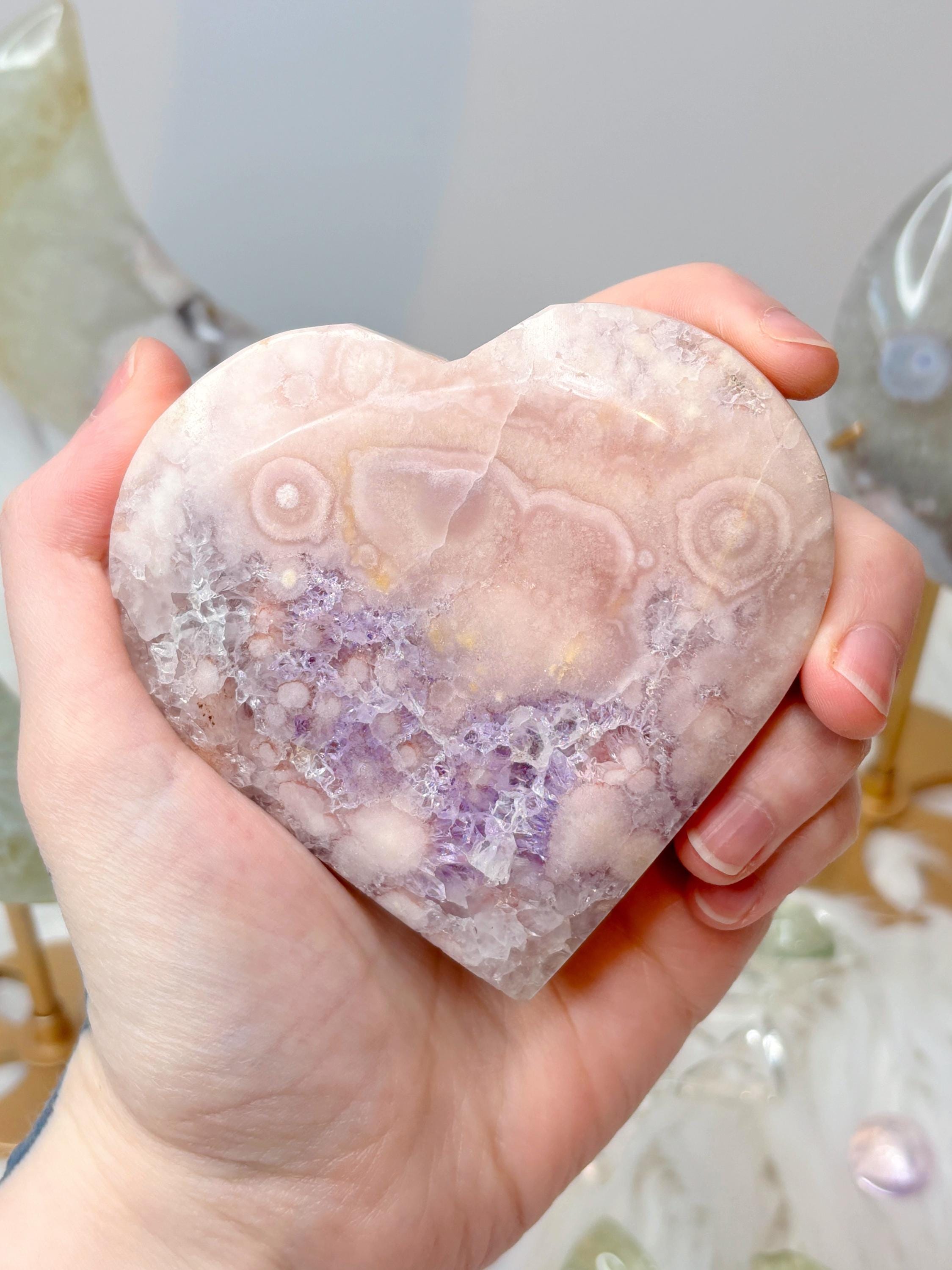 Pink Amethyst Flower Agate Heart on Gold Stand