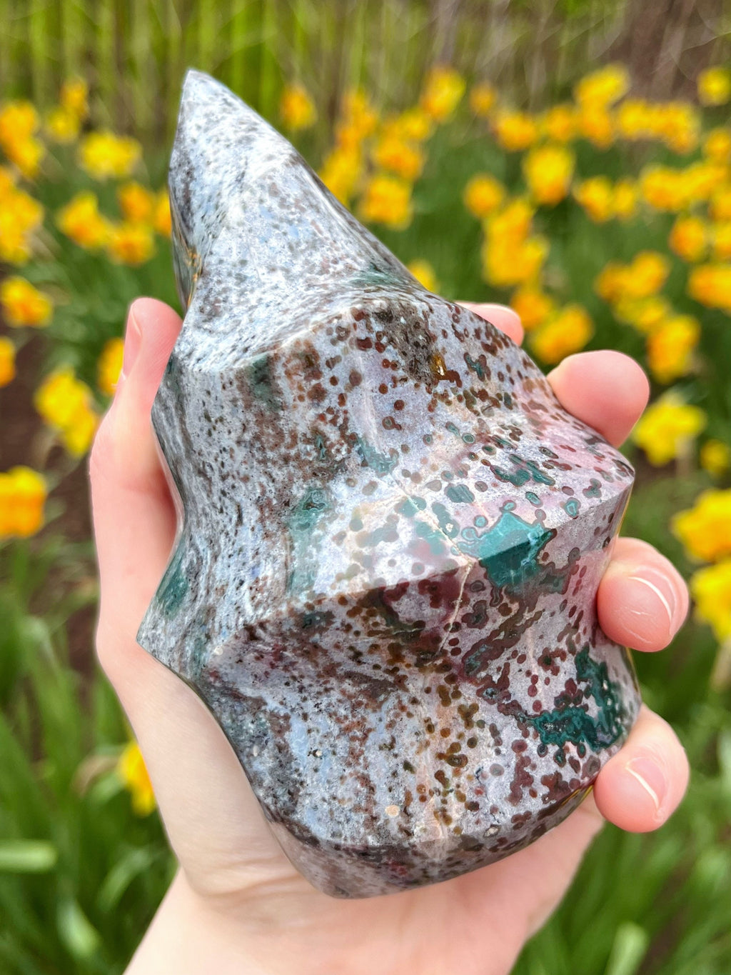 Large Ocean Jasper Flame, Polished Pastel Sea Jasper Freeform Cut Base