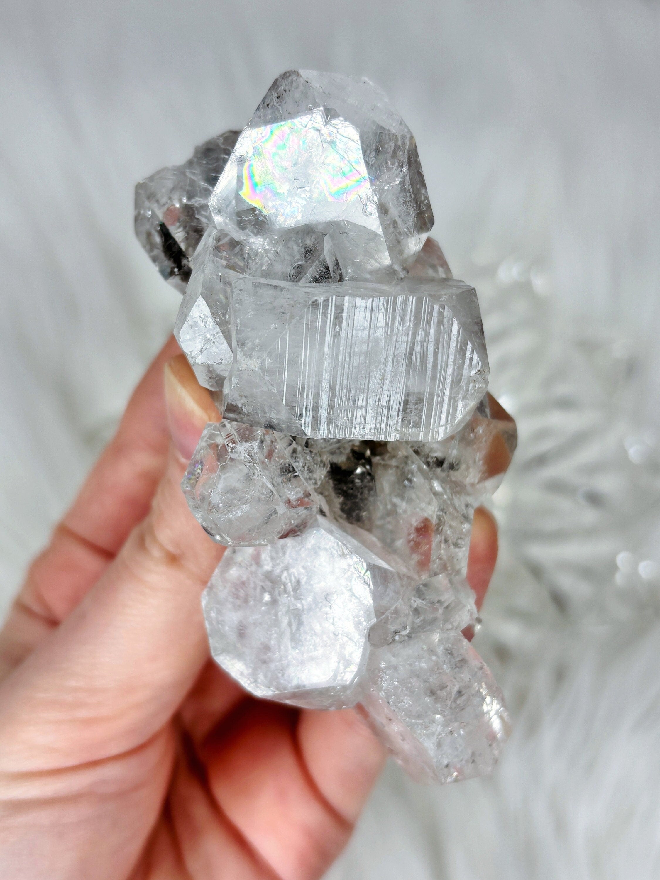 Diamond Apophyllite with Black Hematite, Raw Rainbow Apophyllite Cluster/Mineral Specimen