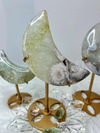 Green Quartz Flower Agate Moon, Crescent Moon Crystal Carving on Stand