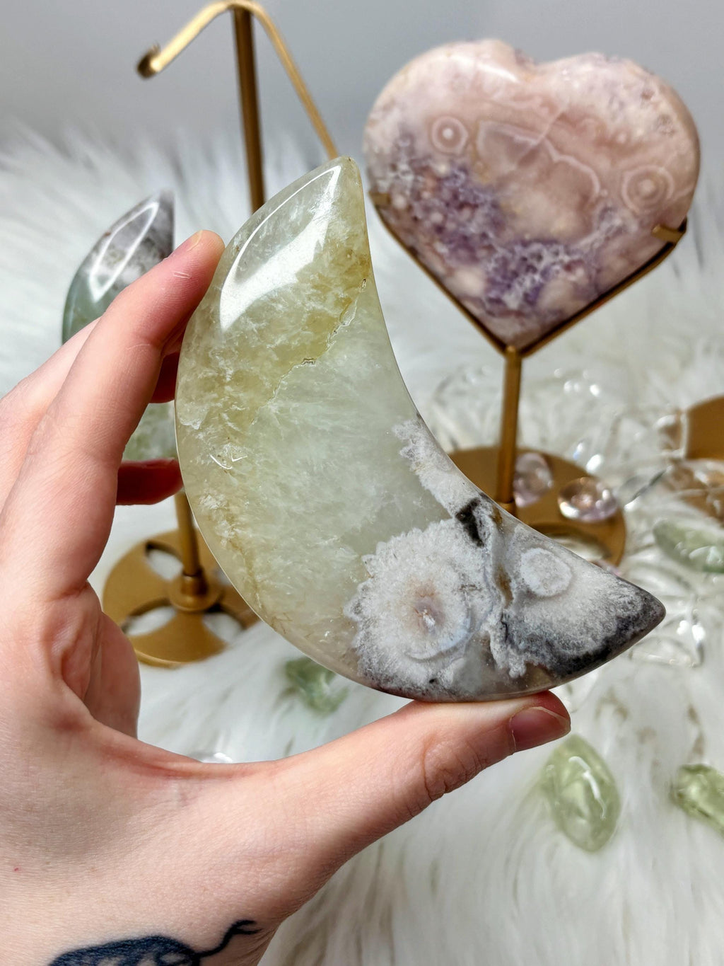 Green Quartz Flower Agate Moon, Crescent Moon Crystal Carving on Stand