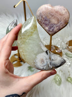Green Quartz Flower Agate Moon, Crescent Moon Crystal Carving on Stand
