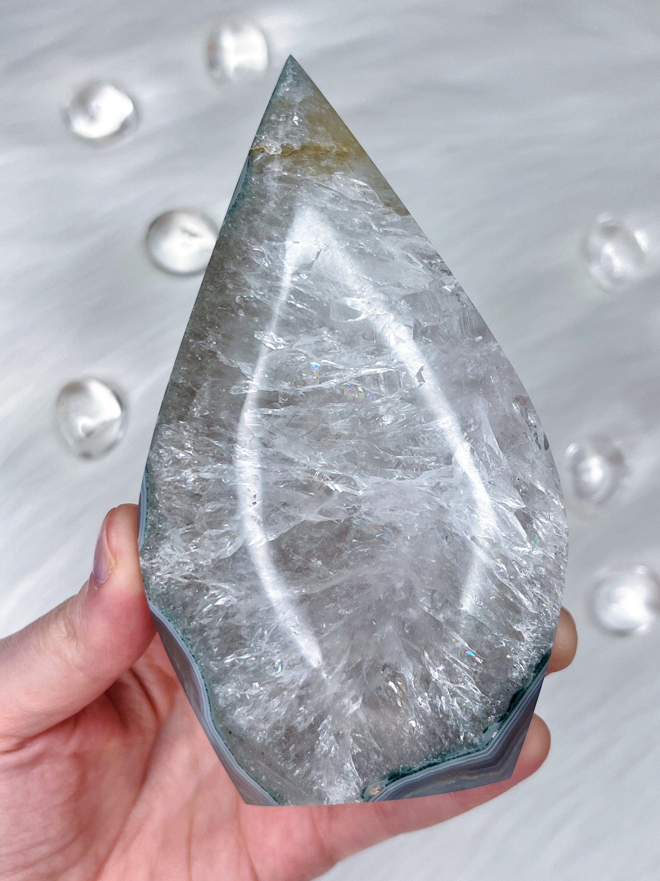 Quartz Agate Freeform, Rainbow Clear Quartz with Blue Green Banded Agate & Golden Healer Quartz Inclusions