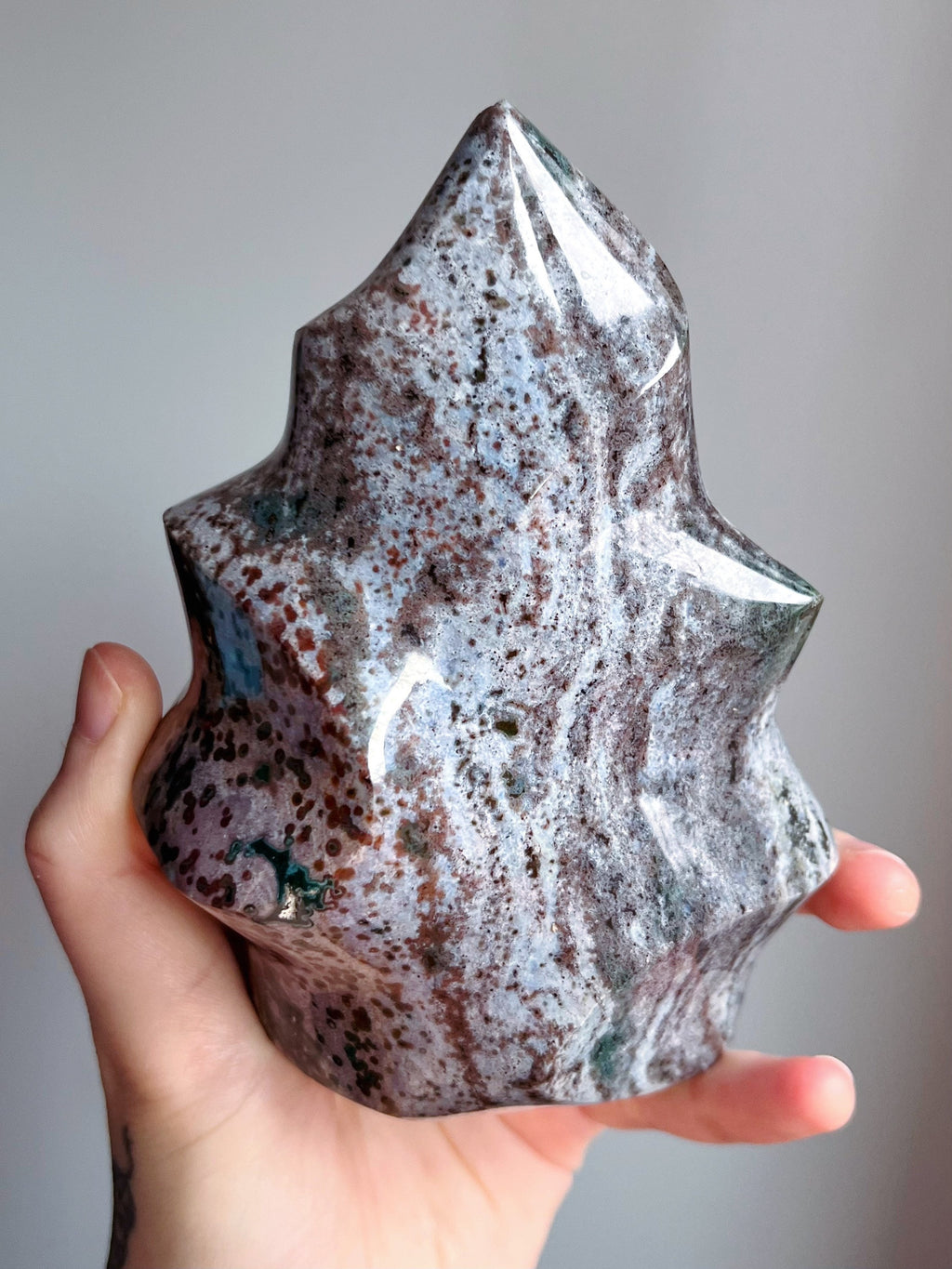 Large Ocean Jasper Flame, Polished Pastel Sea Jasper Freeform Cut Base