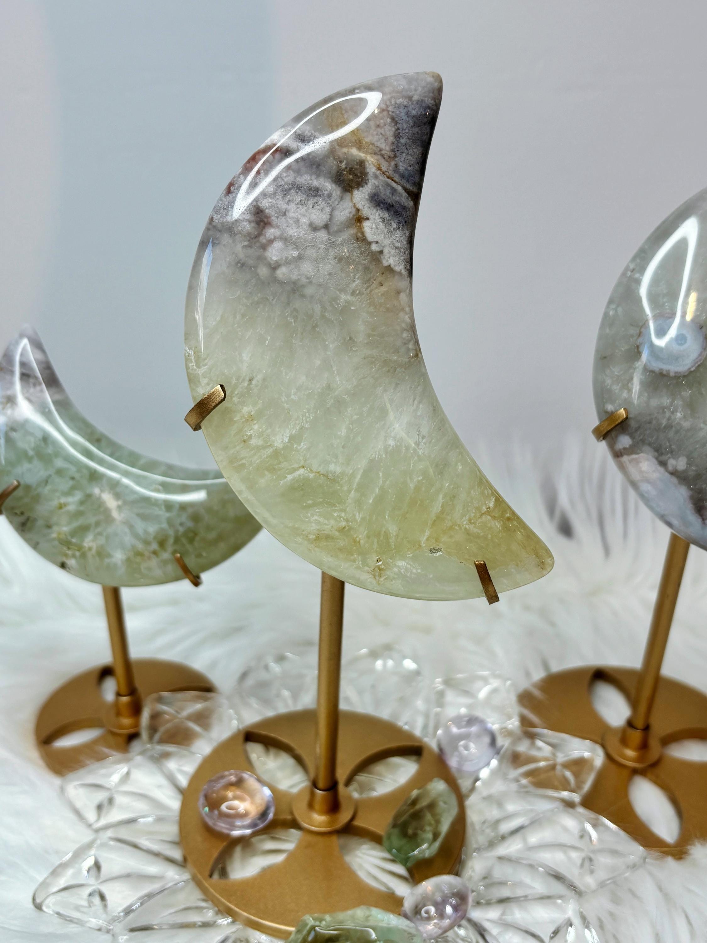 Green Quartz Flower Agate Moon, Crescent Moon Crystal Carving on Stand