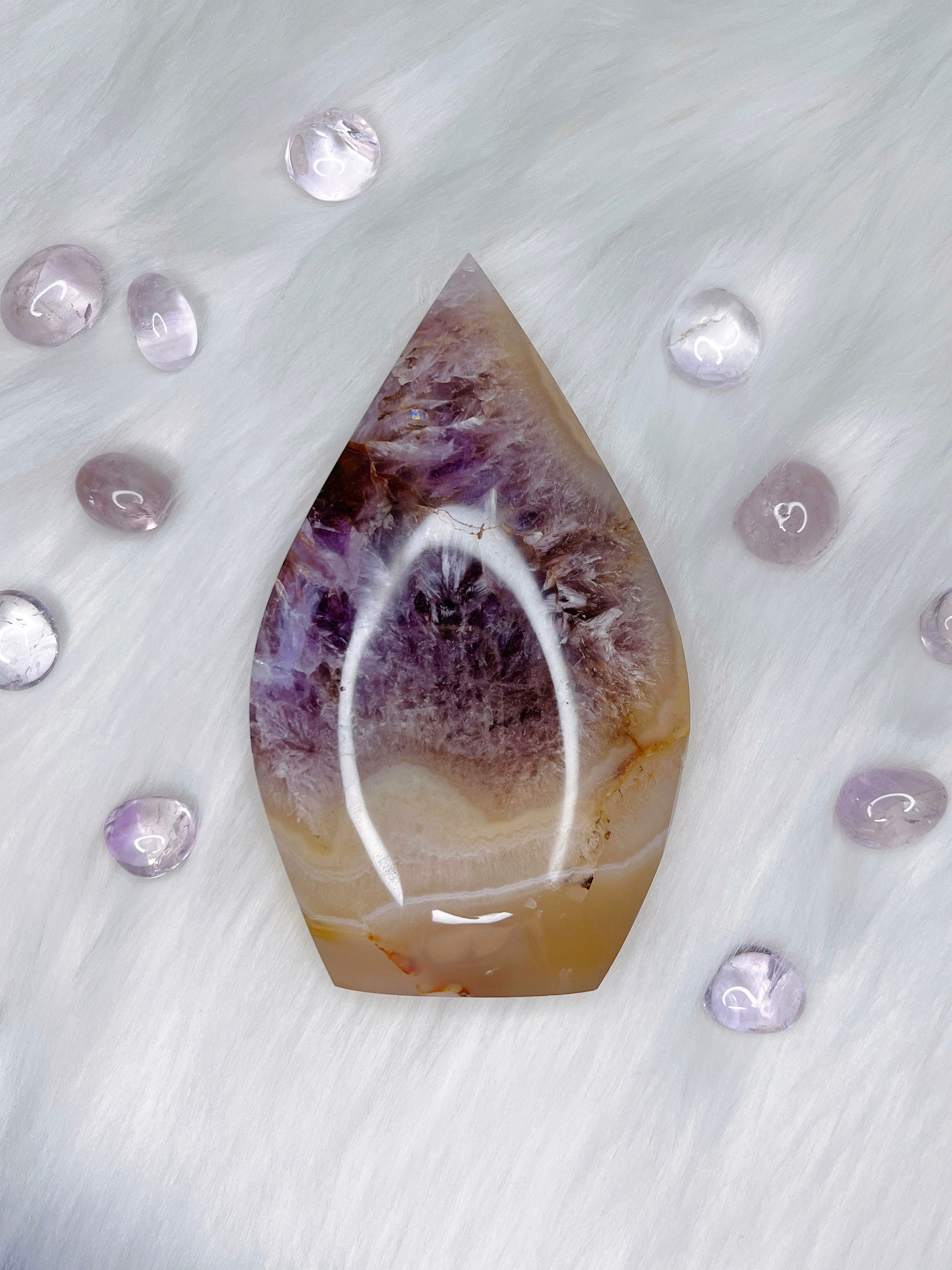 "Feather" Amethyst & Agate Freeform, Purple Amethyst with Creamy Yellow Agate & Quartz Crystal Cut Base