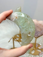 Green Quartz Flower Agate Moon, Crescent Moon Crystal Carving on Stand