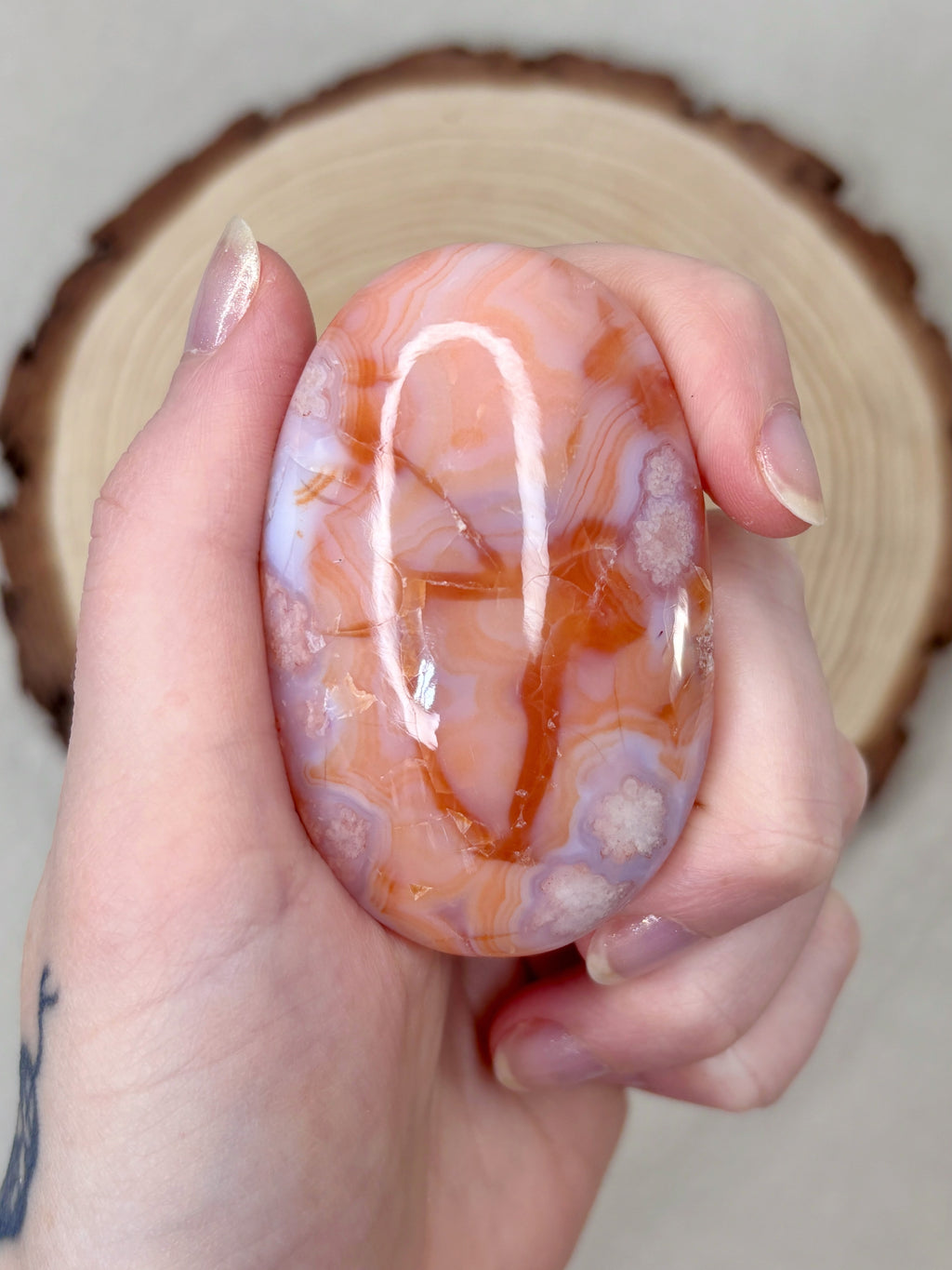 Pink Carnelian Flower Agate Palmstone