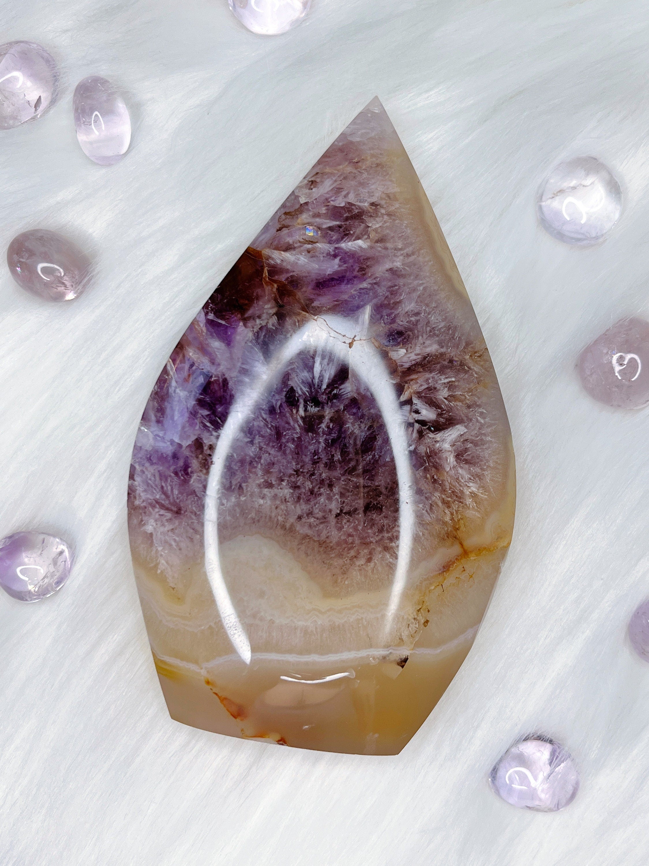 "Feather" Amethyst & Agate Freeform, Purple Amethyst with Creamy Yellow Agate & Quartz Crystal Cut Base