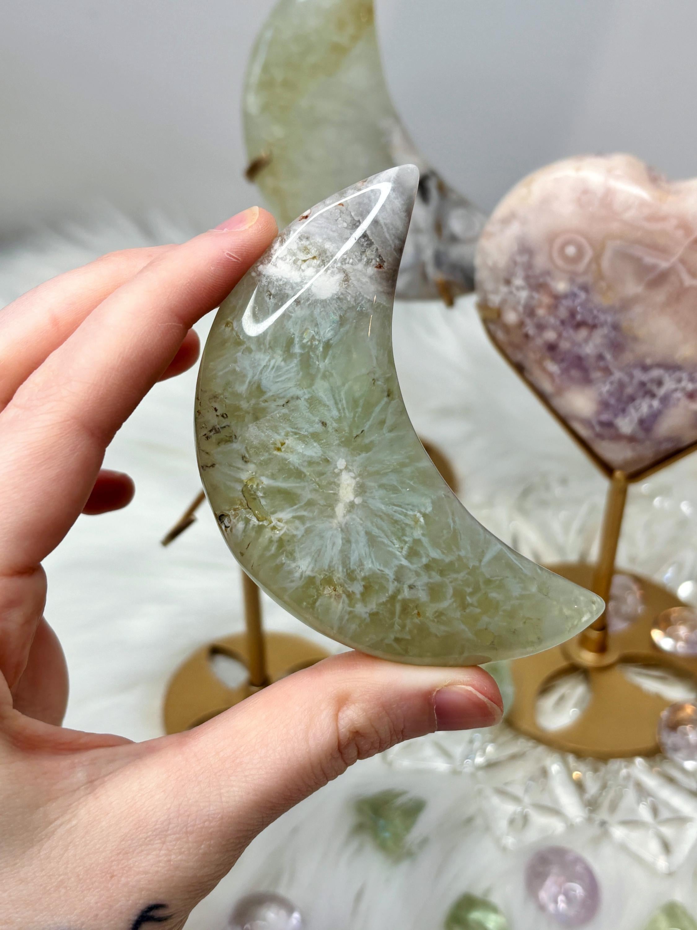Green Quartz Flower Agate Moon, Crescent Moon Crystal Carving on Stand