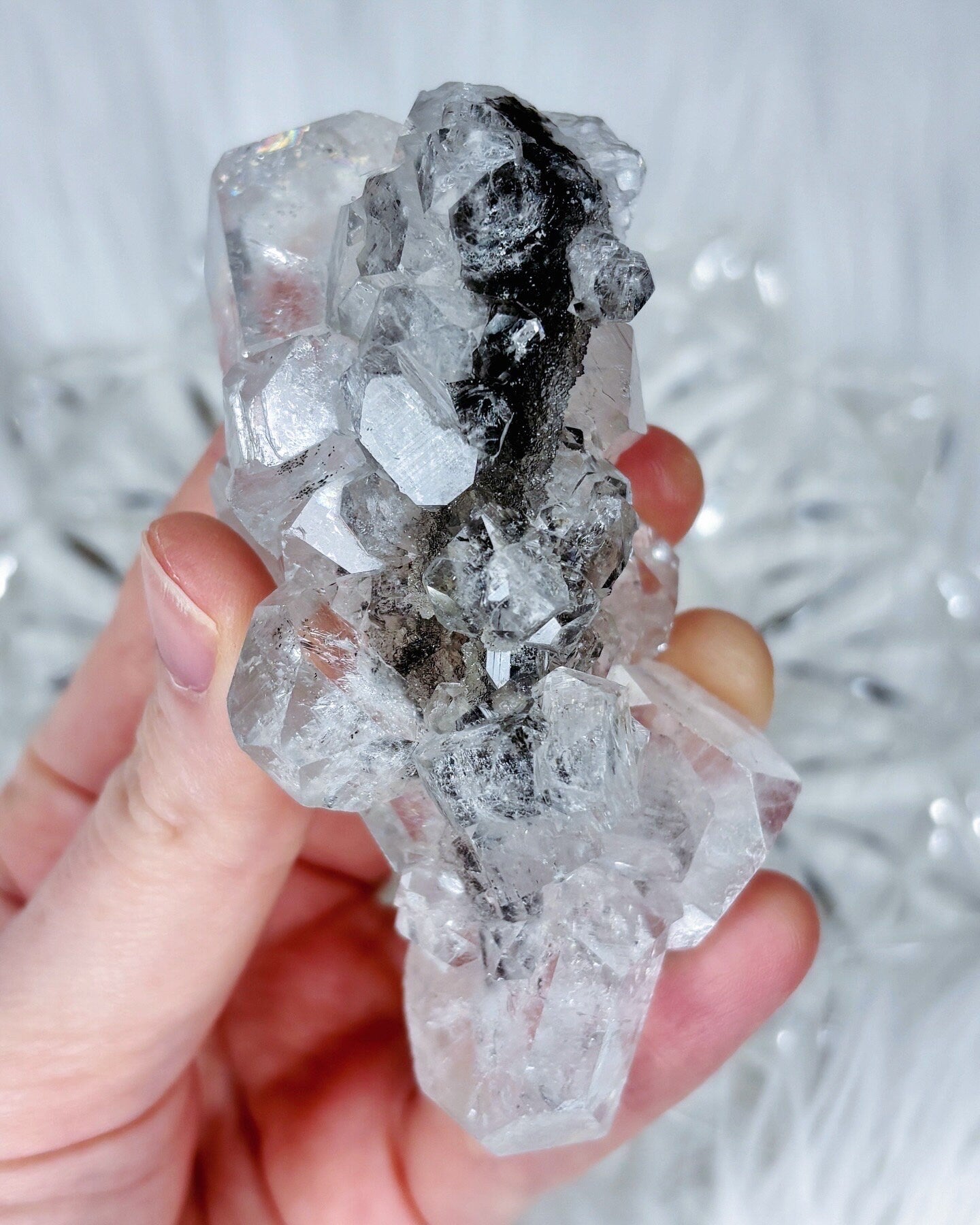 Diamond Apophyllite with Black Hematite, Raw Rainbow Apophyllite Cluster/Mineral Specimen