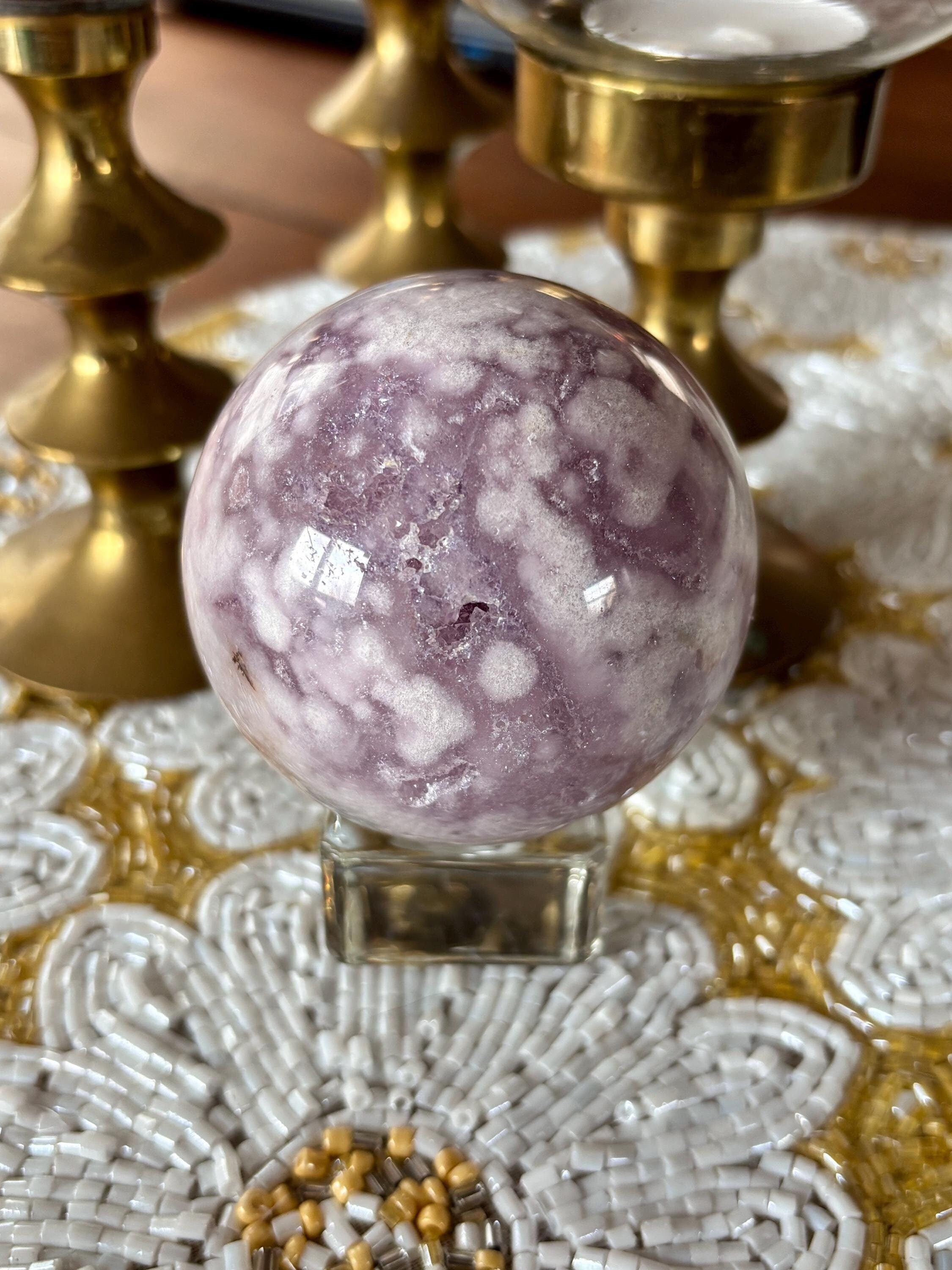 Purple Amethyst Flower Agate Sphere, Polished Sphere with Sparkly Druzy Caves