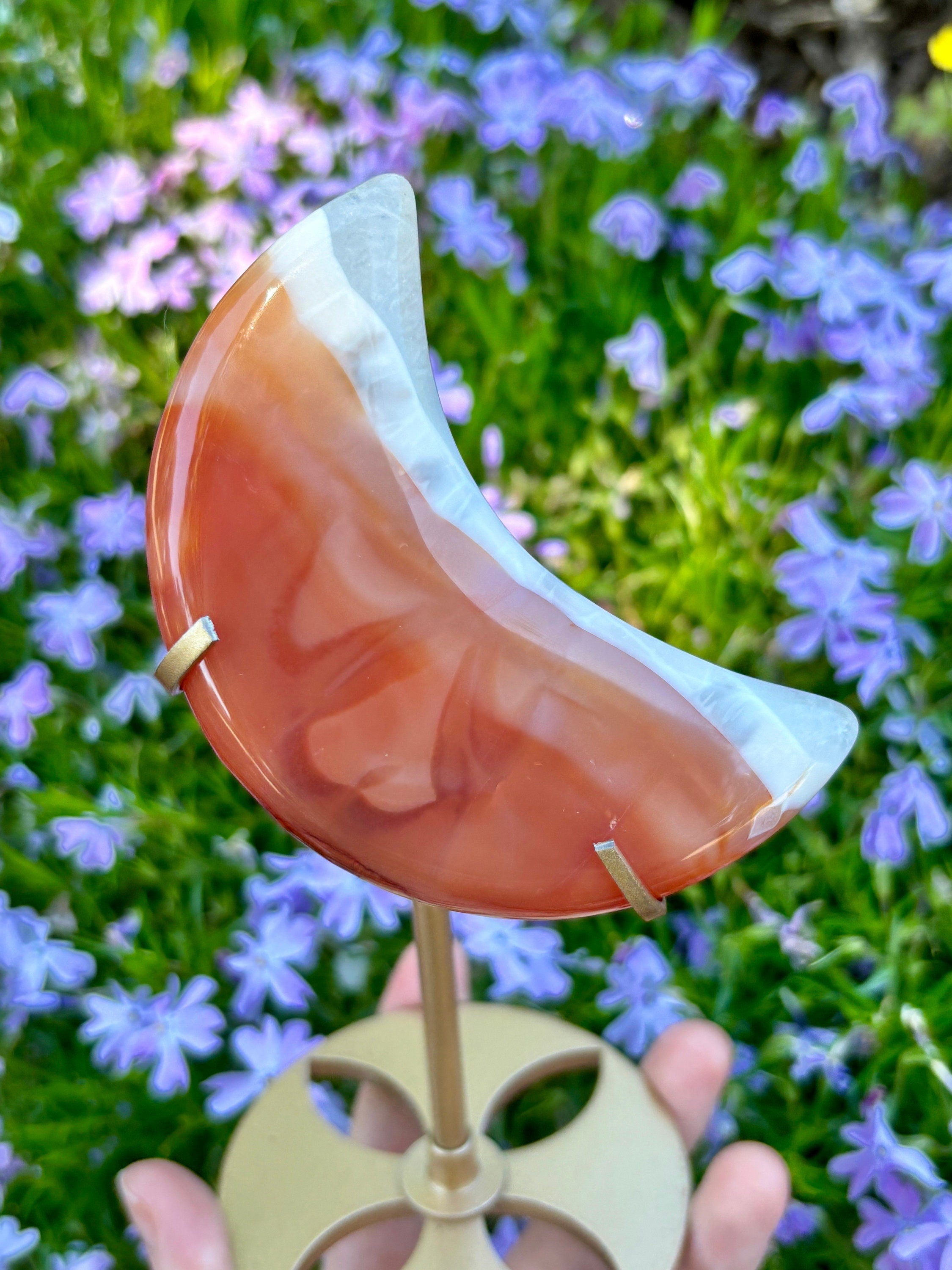 Carnelian Crescent Moon: Orange White Agate Crystal Moon Carving on Display Stand