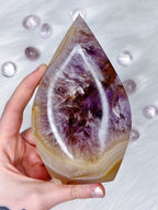 "Feather" Amethyst & Agate Freeform, Purple Amethyst with Creamy Yellow Agate & Quartz Crystal Cut Base