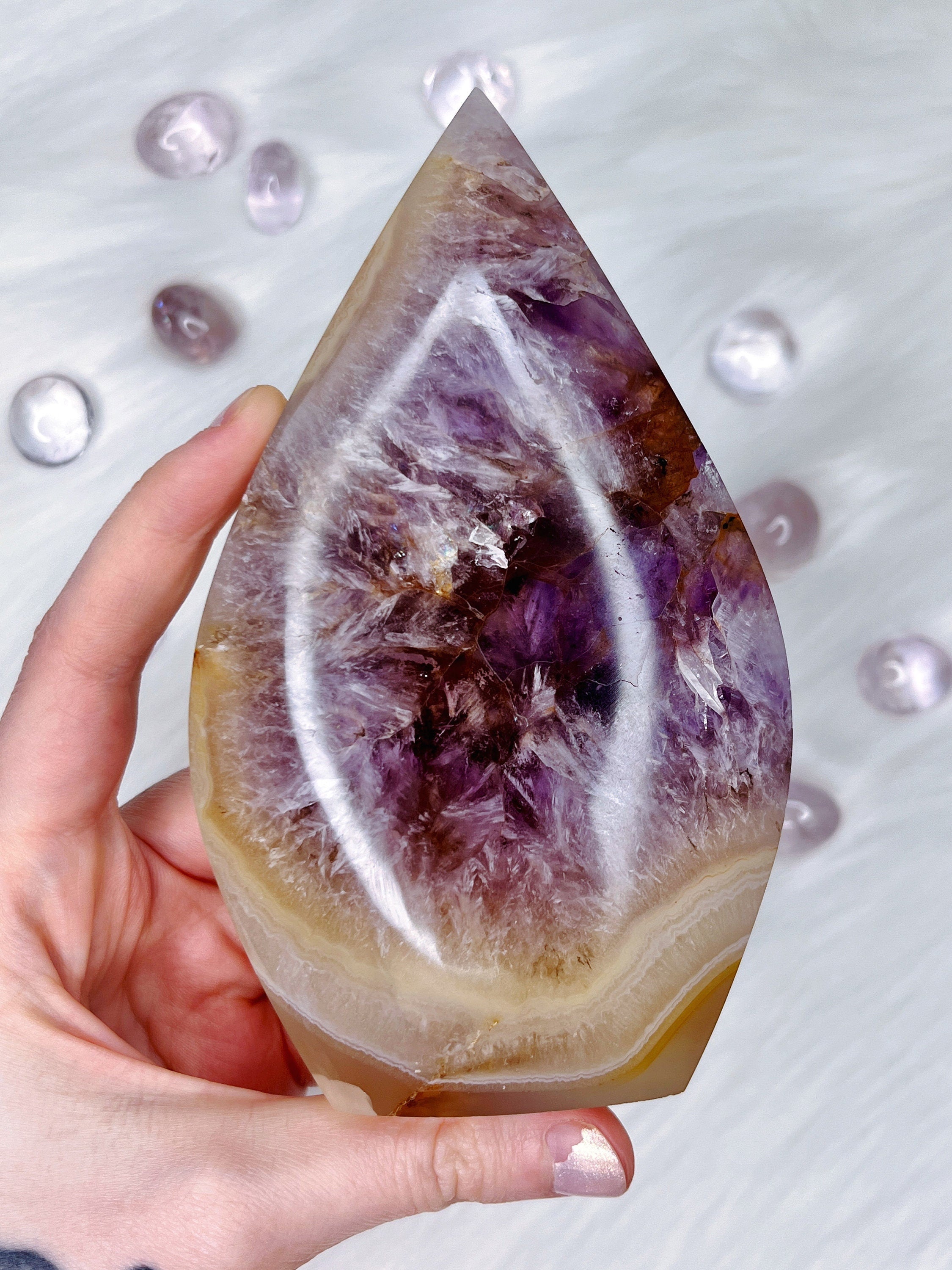 "Feather" Amethyst & Agate Freeform, Purple Amethyst with Creamy Yellow Agate & Quartz Crystal Cut Base