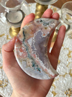 Rainbow Agate Crescent Moon Crystal Carving on Gold Stand