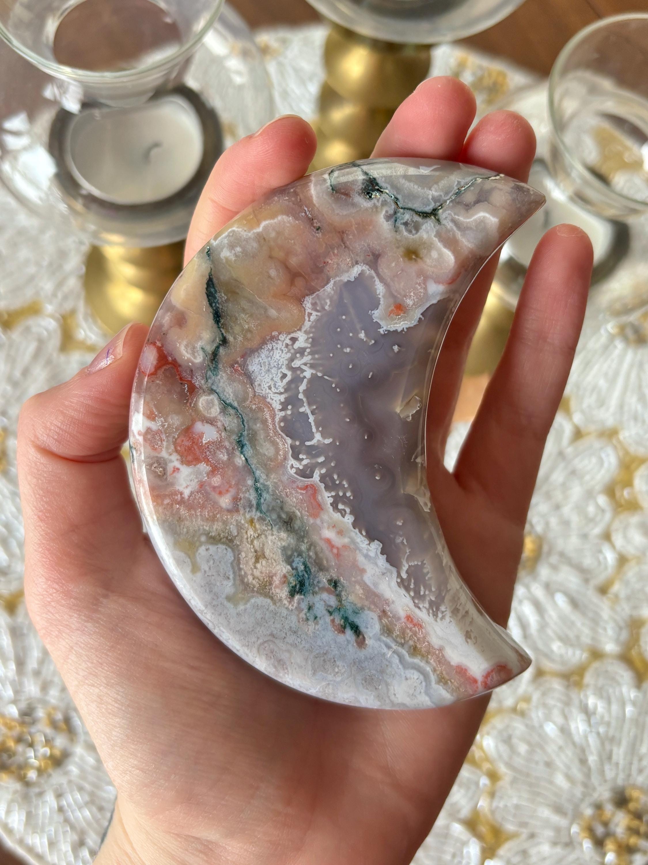 Rainbow Agate Crescent Moon Crystal Carving on Gold Stand