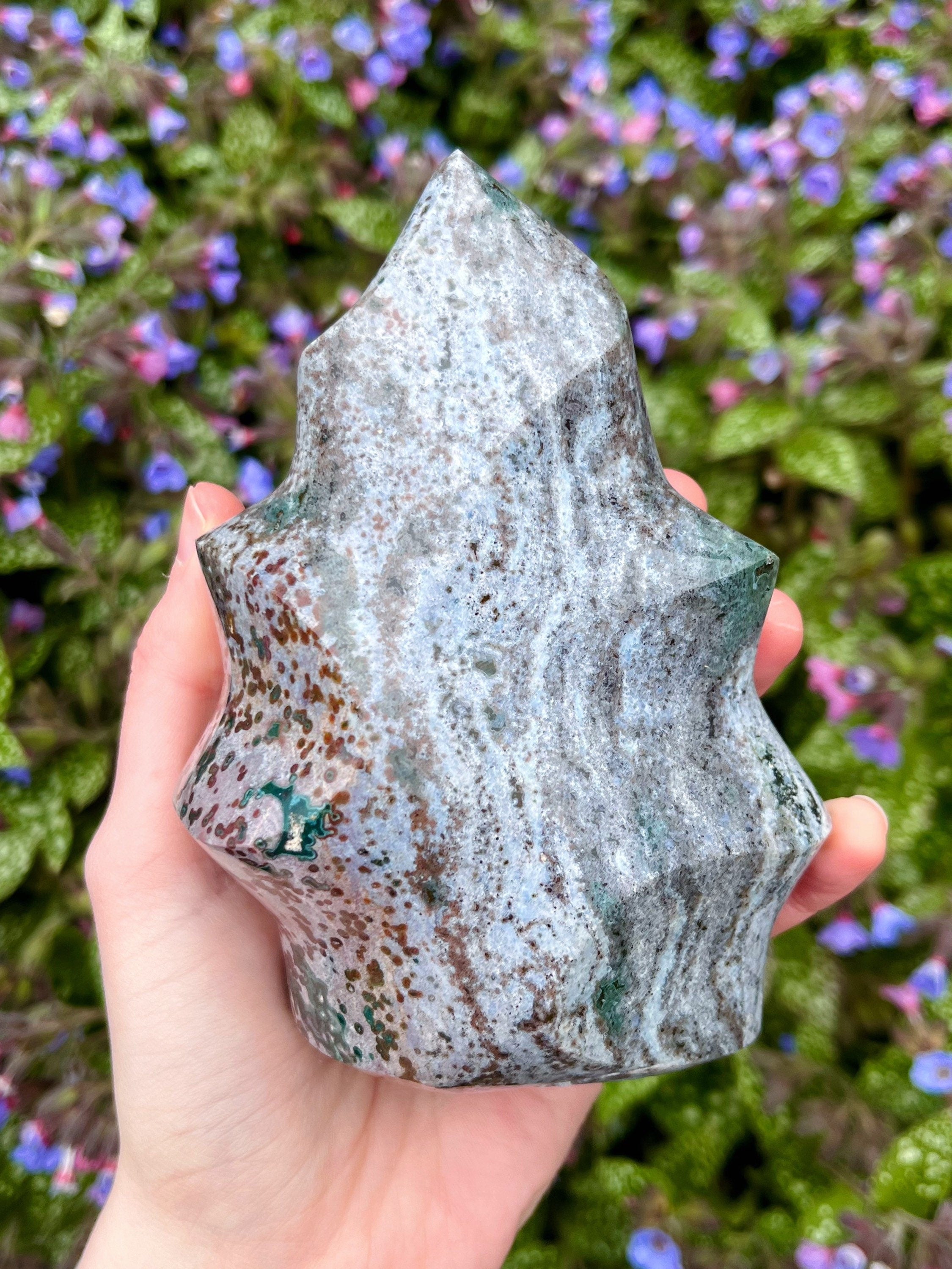 Large Ocean Jasper Flame, Polished Pastel Sea Jasper Freeform Cut Base