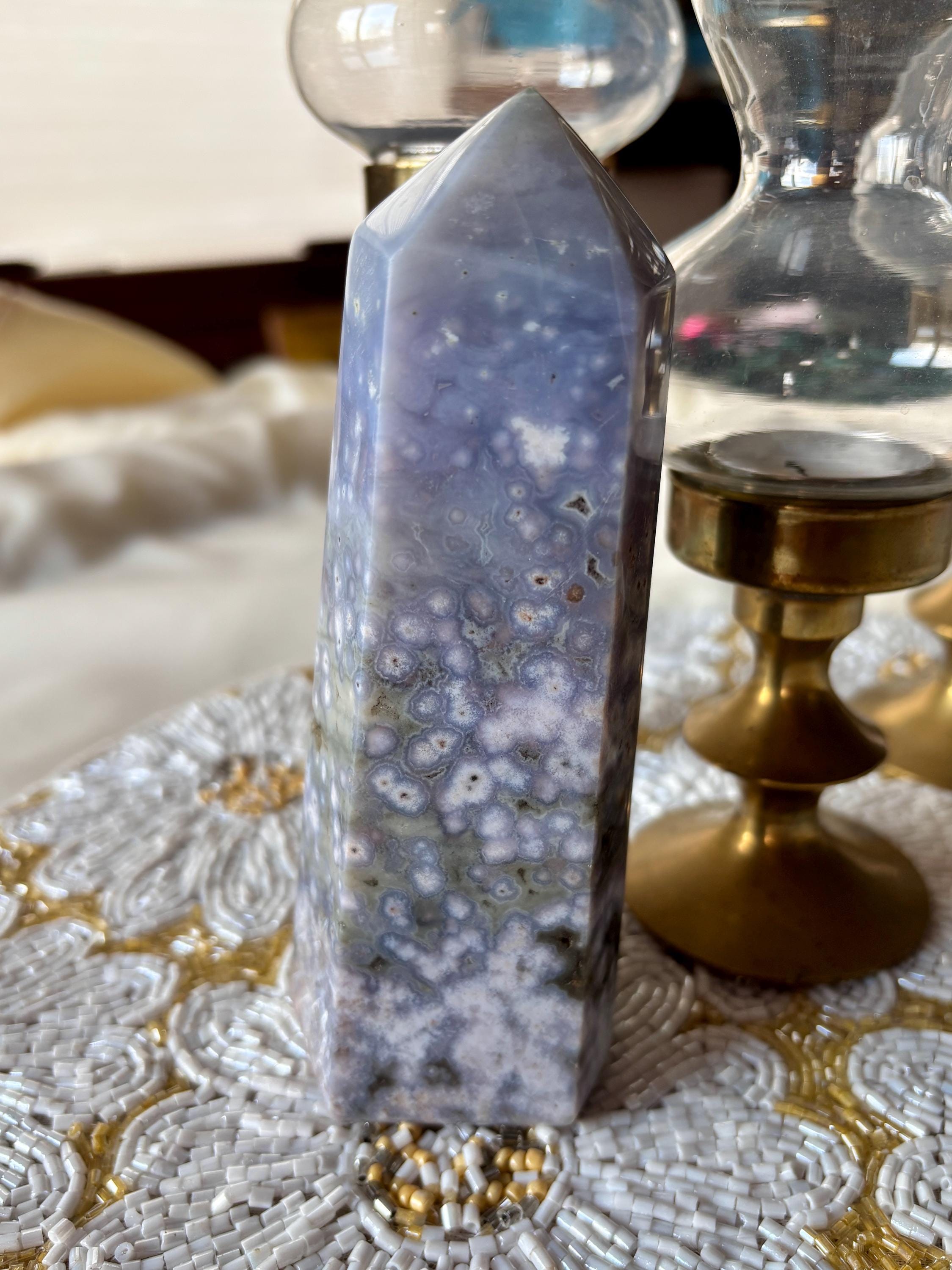 Large Ocean Jasper Flower Agate Tower, Natural Polished Orbicular Sea Jasper Point
