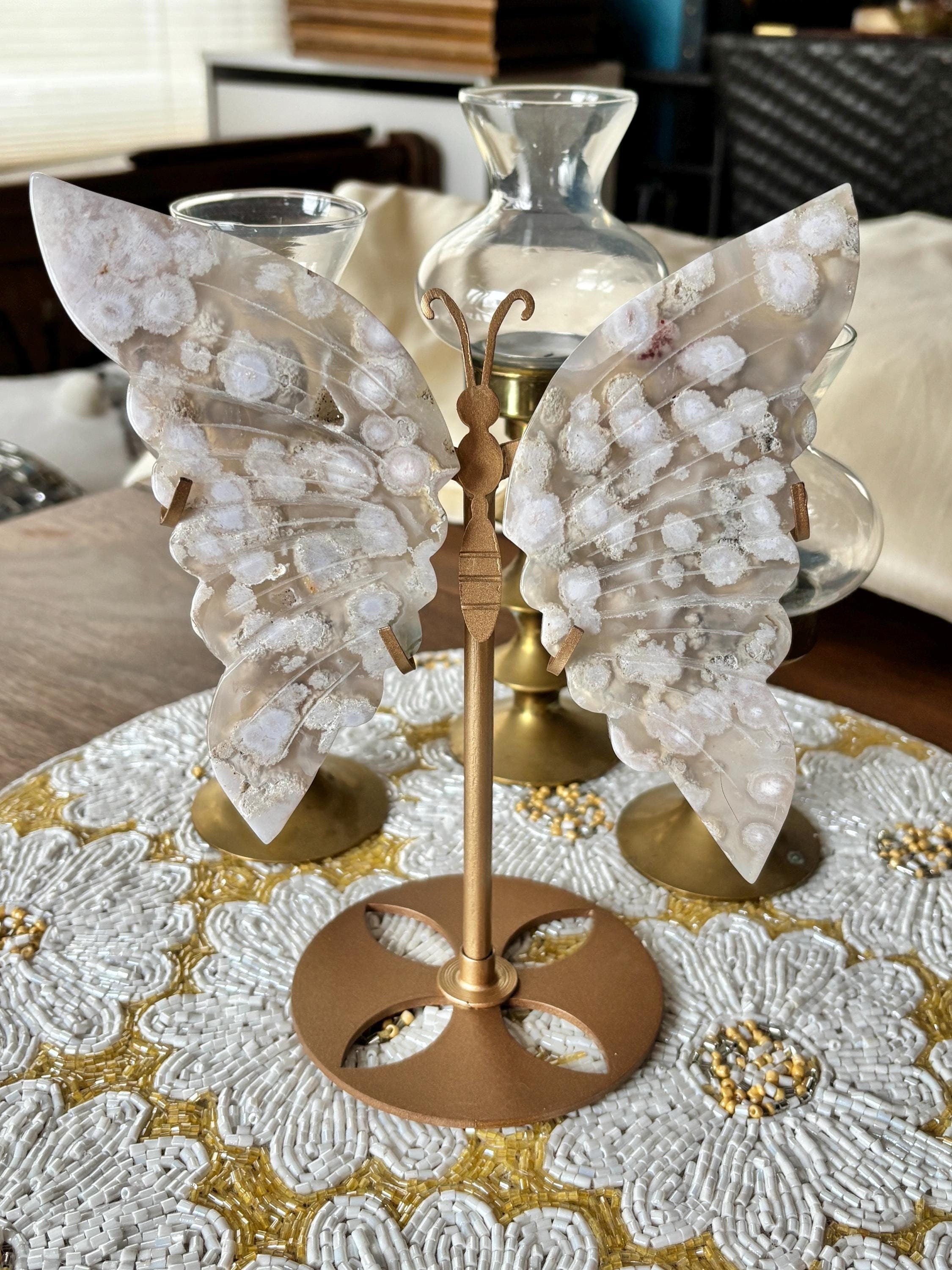 Flower Agate Butterfly Wing Crystal Display on Gold Stand