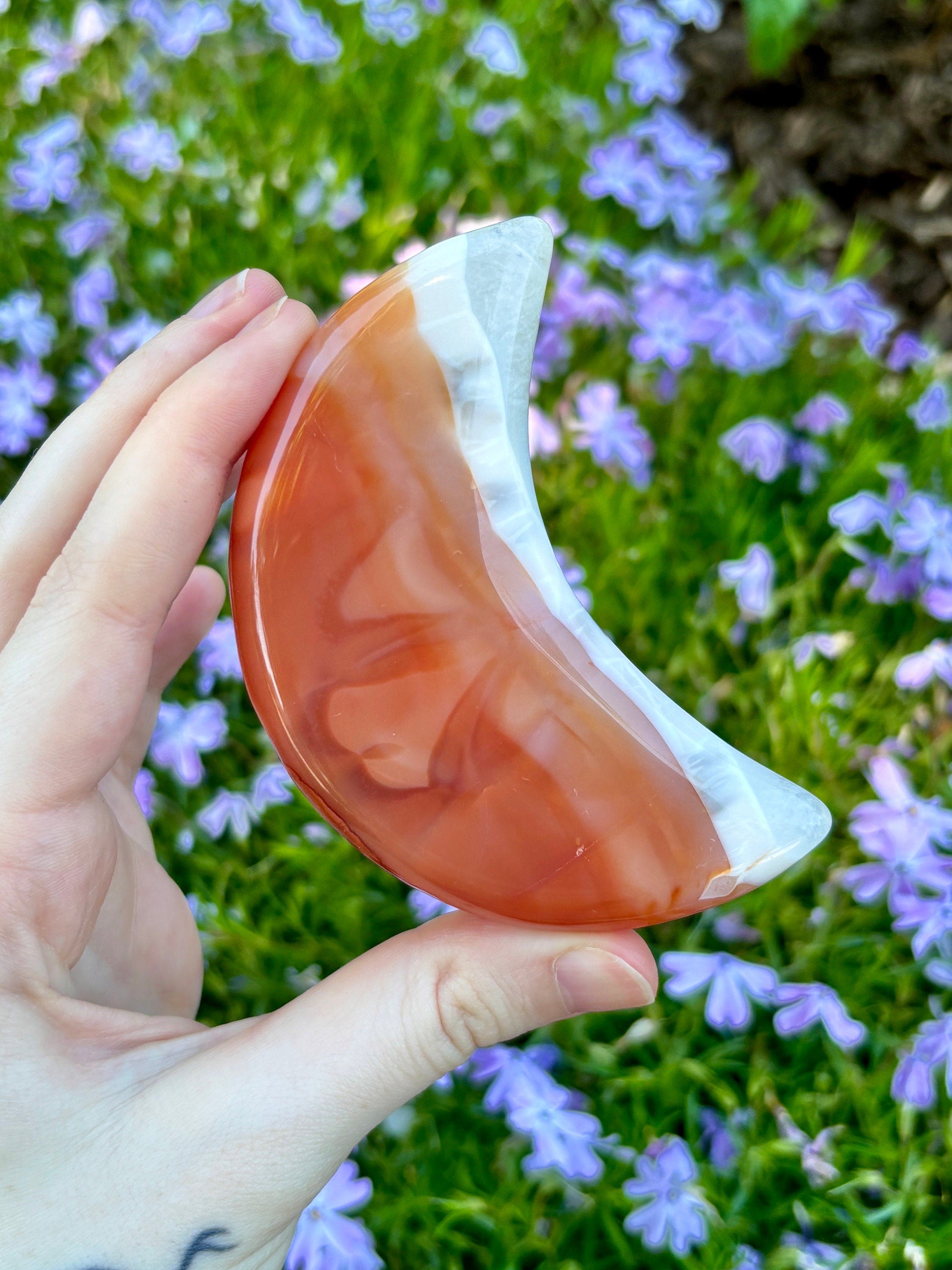 Carnelian Crescent Moon: Orange White Agate Crystal Moon Carving on Display Stand