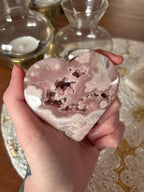 Polished Pink Amethyst Flower Agate Heart with Botryoidal Agate Druzy Caves