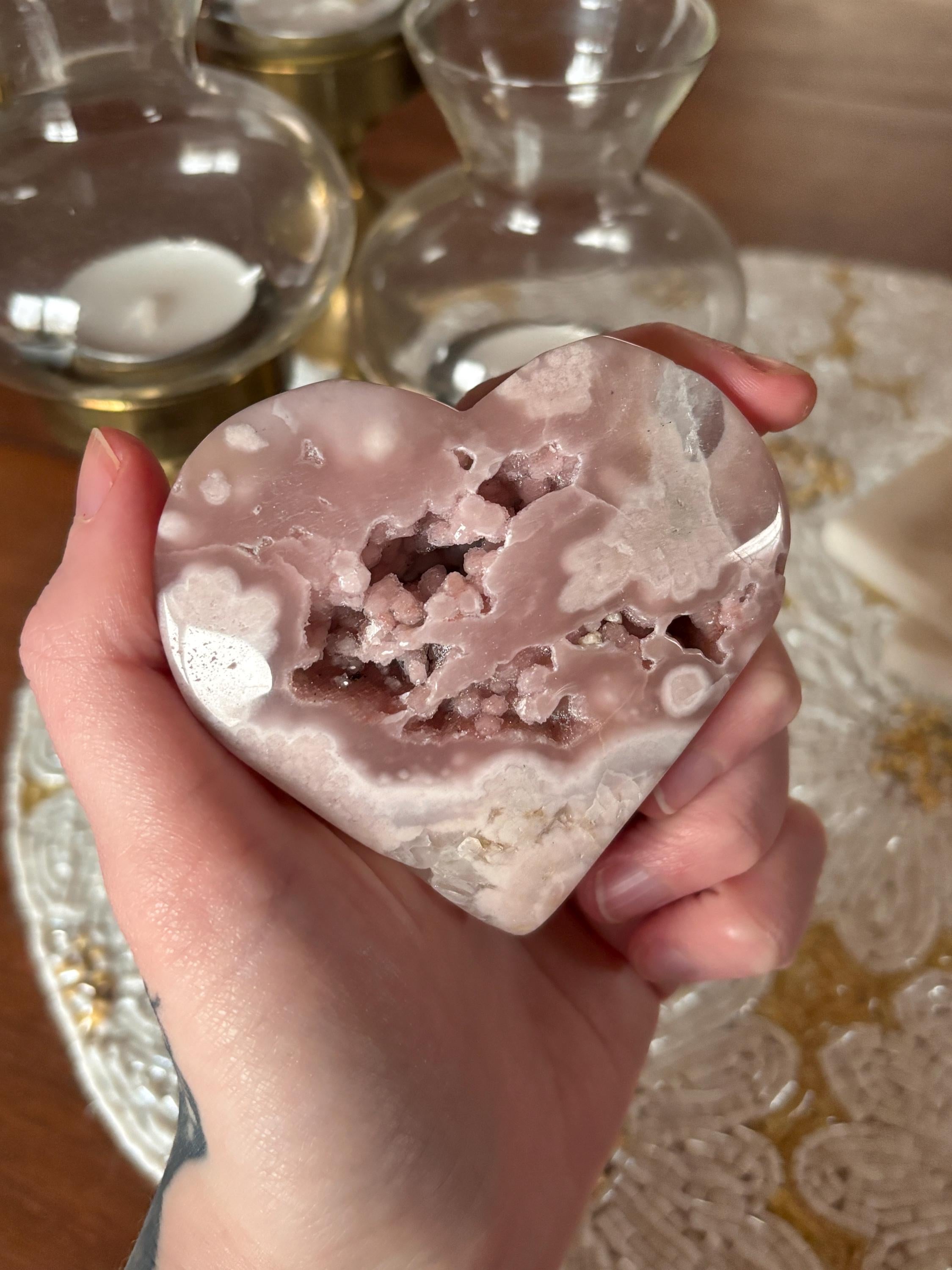 Polished Pink Amethyst Flower Agate Heart with Botryoidal Agate Druzy Caves