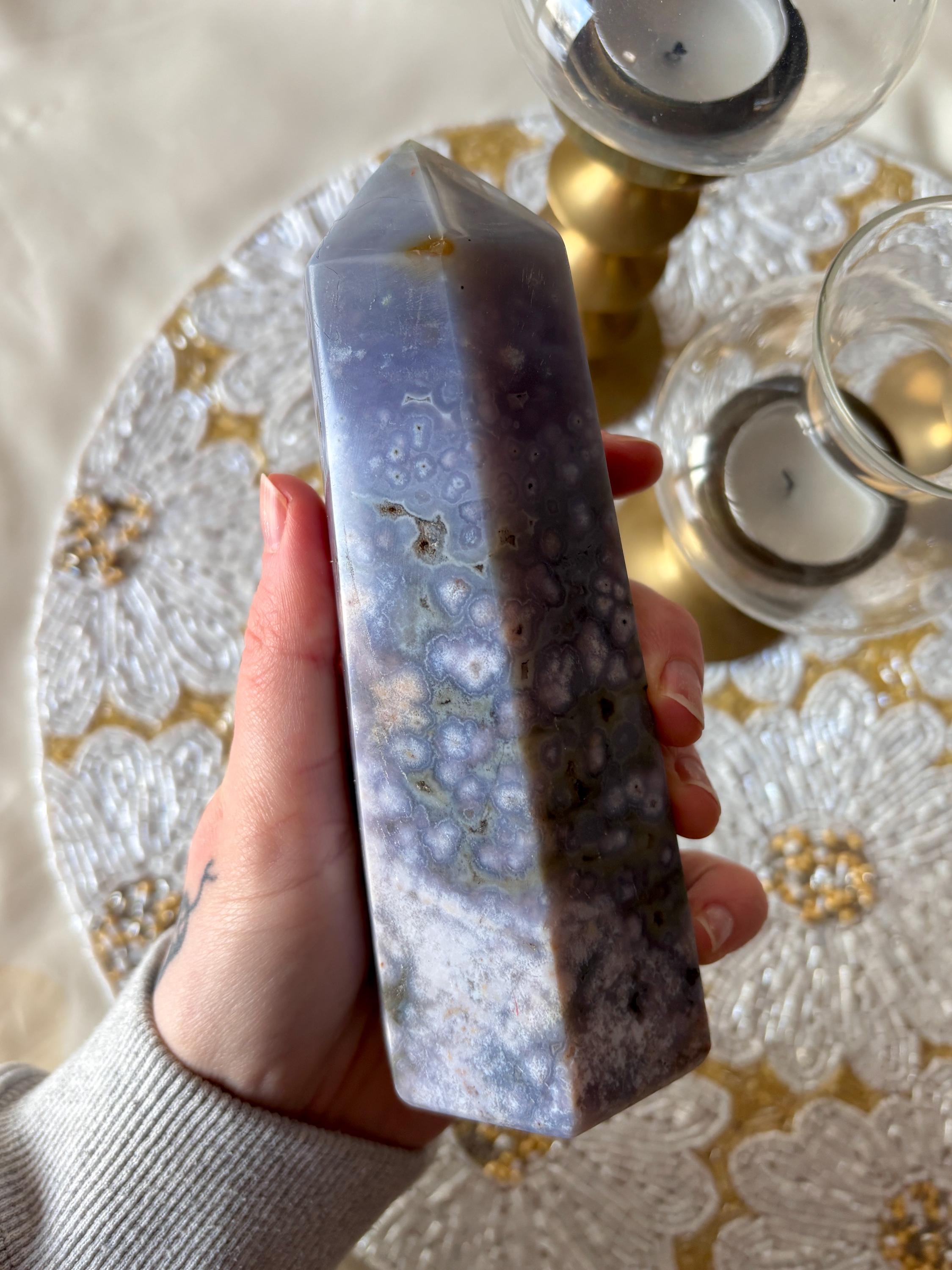 Large Ocean Jasper Flower Agate Tower, Natural Polished Orbicular Sea Jasper Point