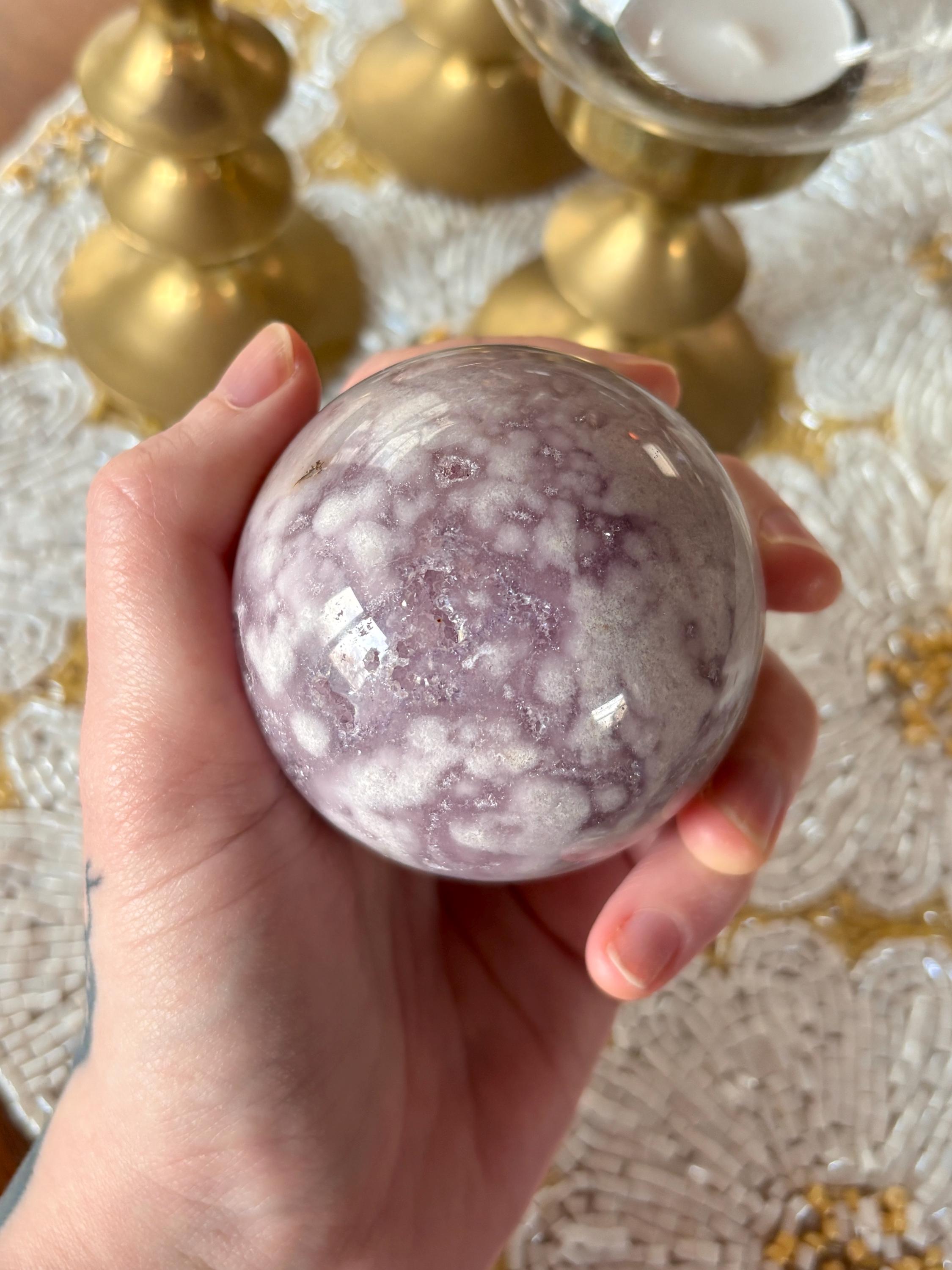 Purple Amethyst Flower Agate Sphere, Polished Sphere with Sparkly Druzy Caves
