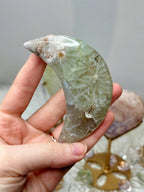 Green Quartz Flower Agate Moon, Crescent Moon Crystal Carving on Stand