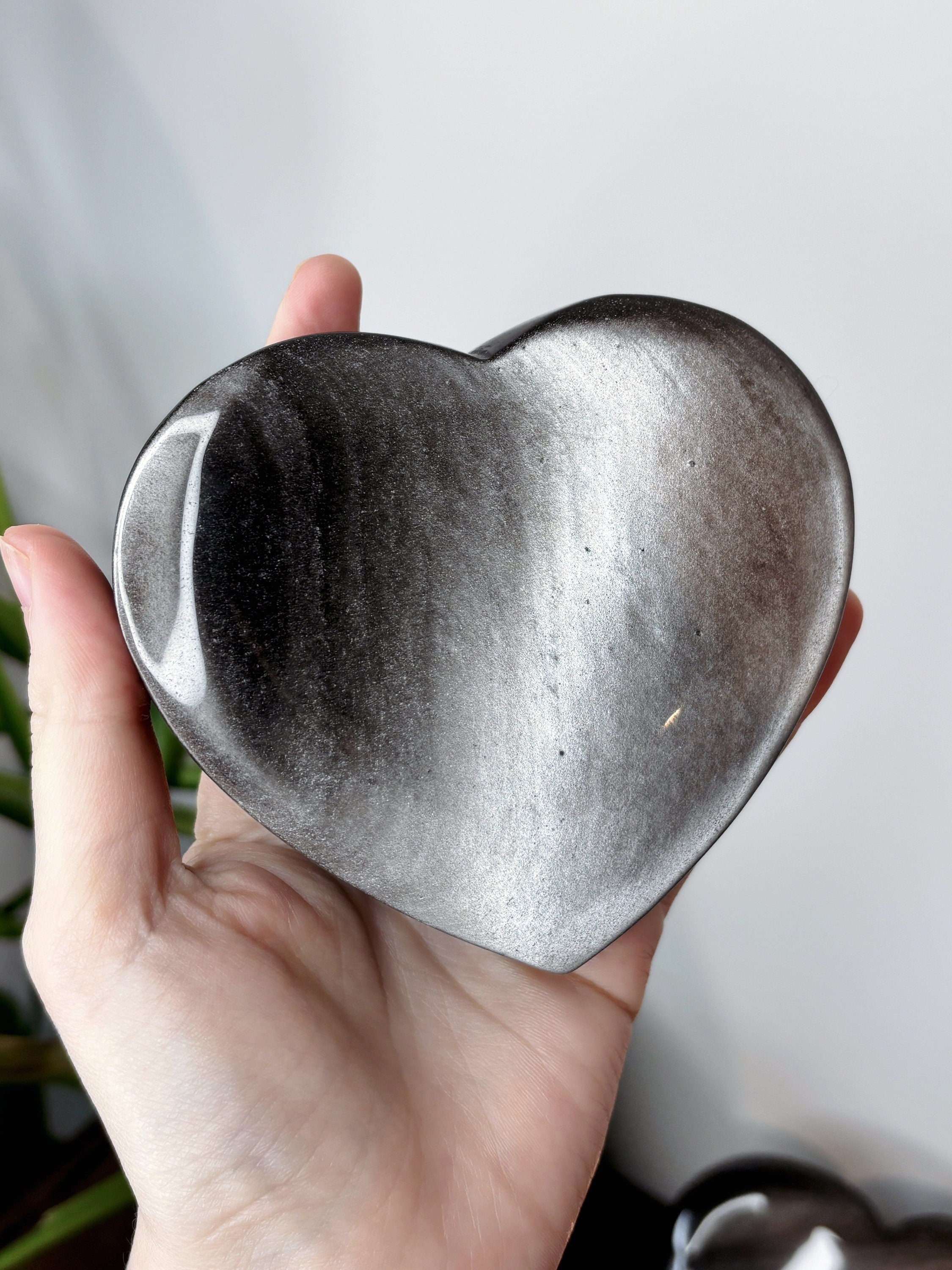 Large Silver Sheen Obsidian Heart, Polished Black Obsidian with Silver Flash Crystal Carving