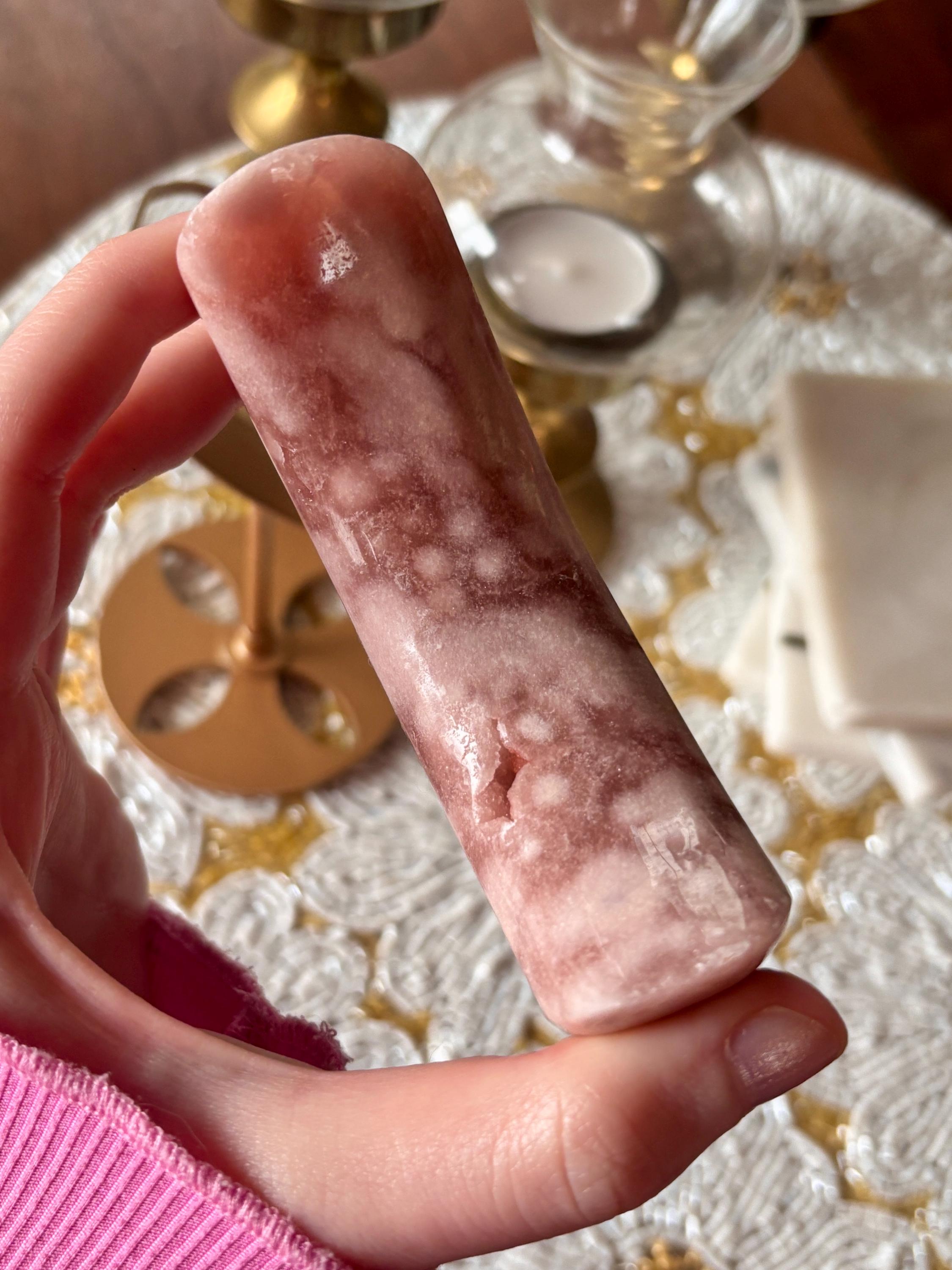 Pink Amethyst Flower Agate Moon Crystal, Crescent Moon Carving on Gold Stand