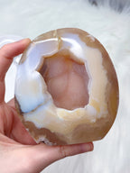Sugary Pink Amethyst & Yellow Agate Freeform, Polished Agate Amethyst Geode Cut Base with Raw Druzy Center
