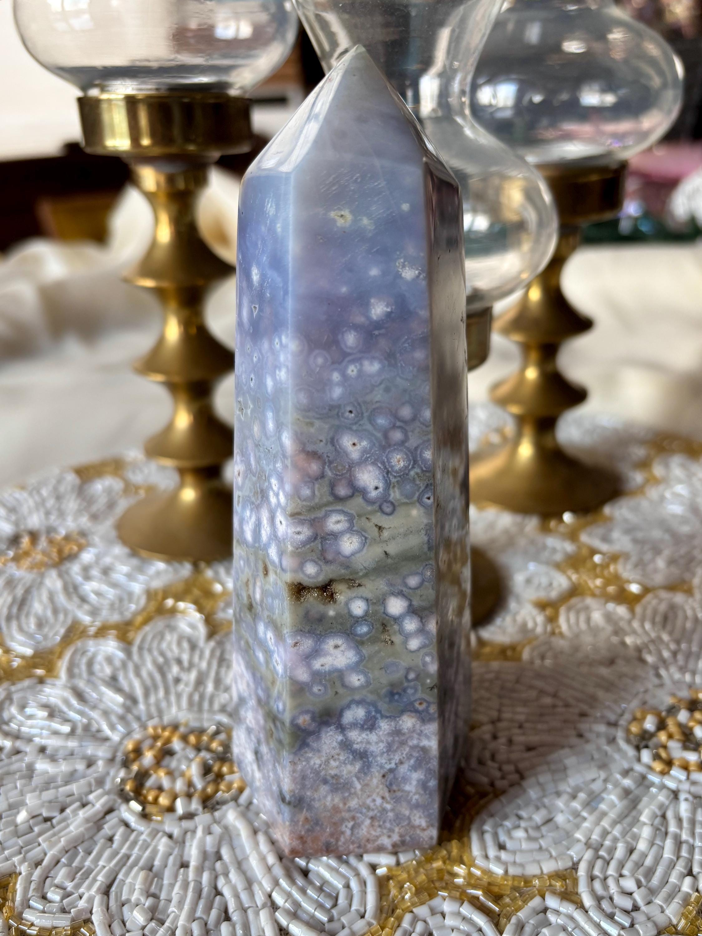 Large Ocean Jasper Flower Agate Tower, Natural Polished Orbicular Sea Jasper Point