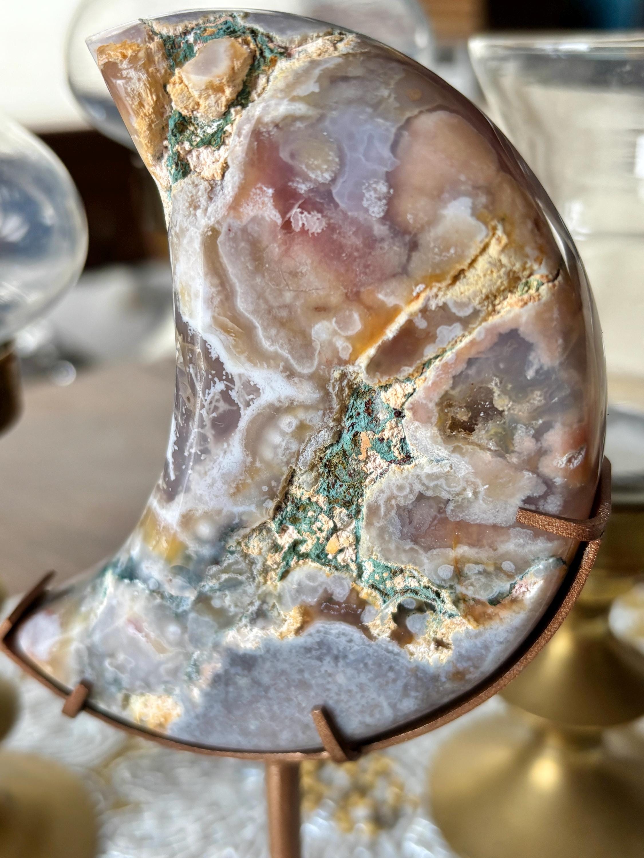Rainbow Agate Crescent Moon Crystal Carving on Gold Stand