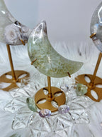 Green Quartz Flower Agate Moon, Crescent Moon Crystal Carving on Stand