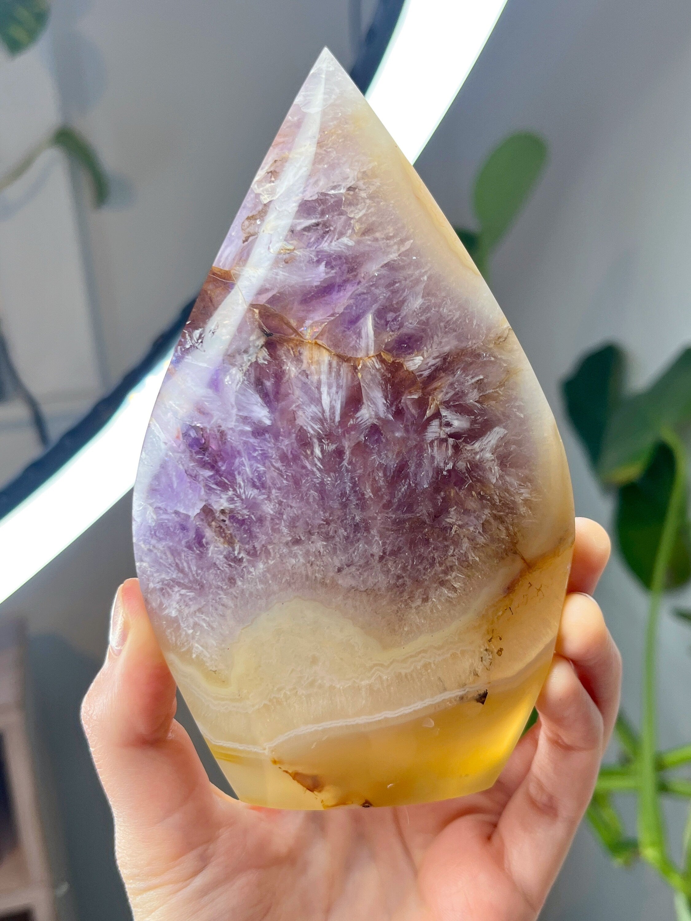 "Feather" Amethyst & Agate Freeform, Purple Amethyst with Creamy Yellow Agate & Quartz Crystal Cut Base