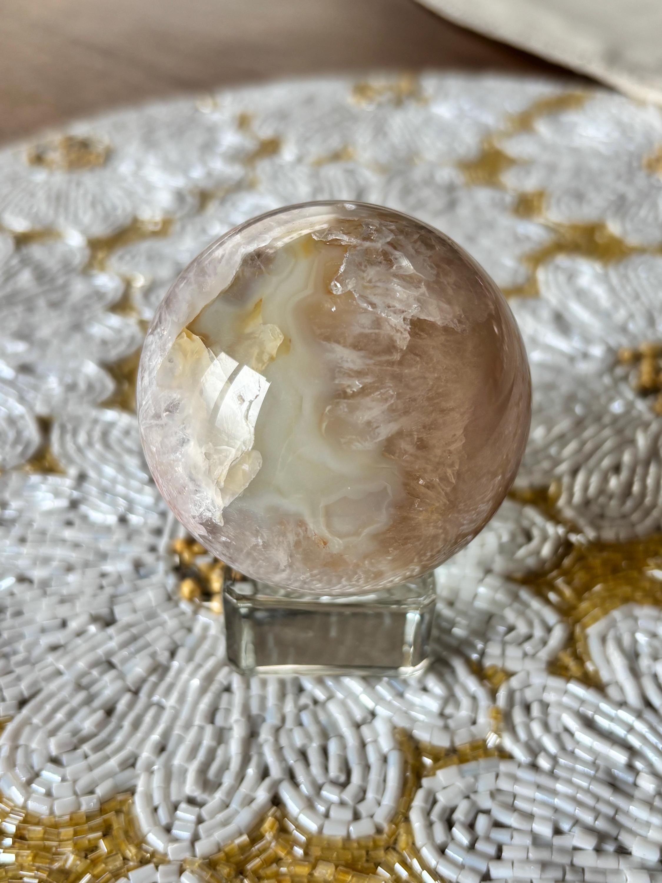 Orby Flower Agate Sphere, Red Pink Yellow Flower Agate with Quartz Druzy