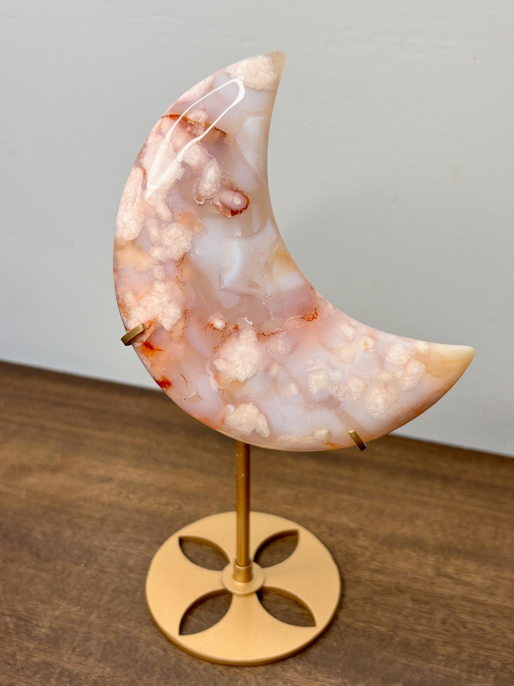 Peach-Pink Flower Agate Crescent Crystal Moon Carving on Gold Stand